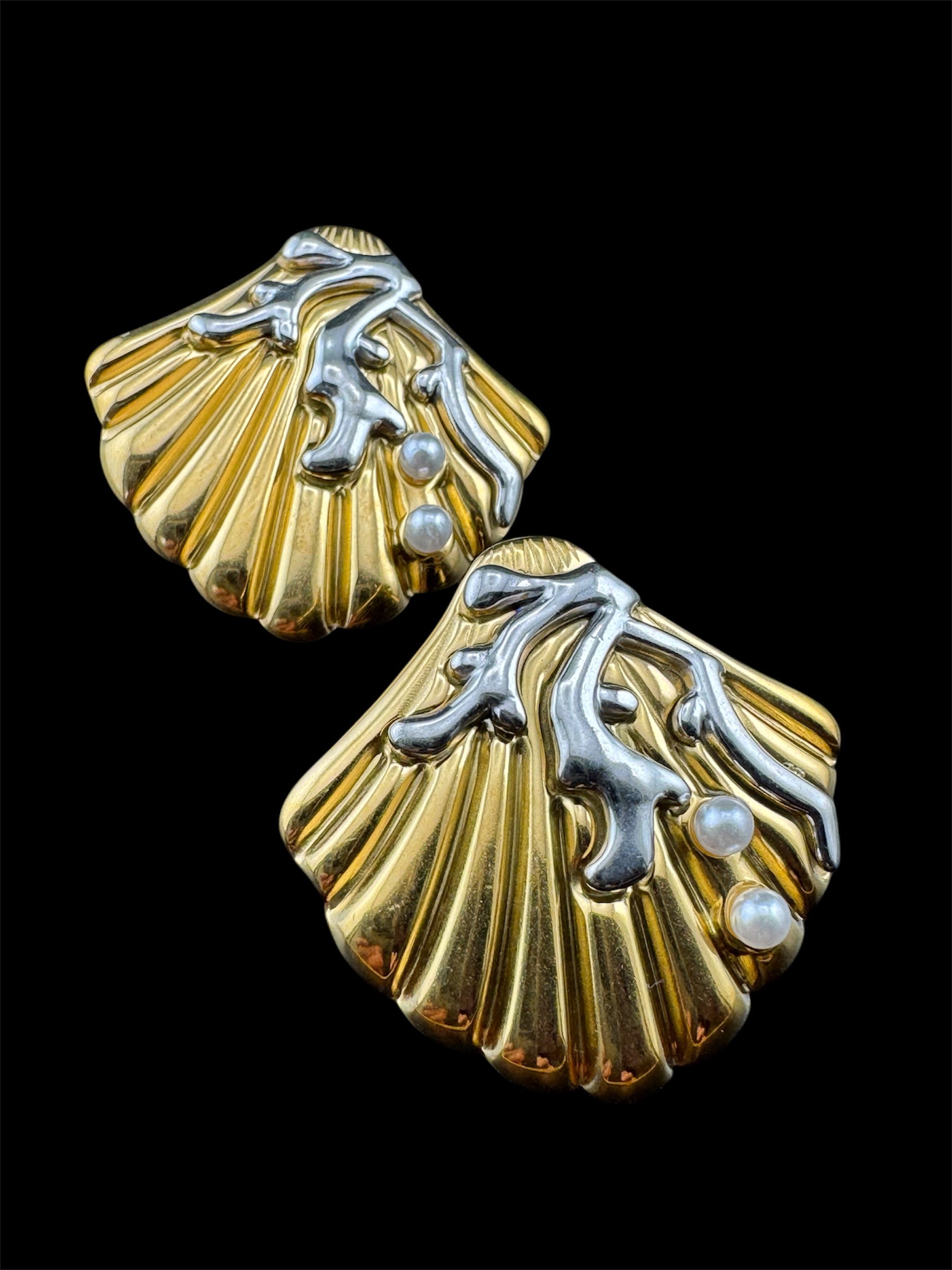 Nautical gold and silver-toned pearl seashell earrings, pierced.