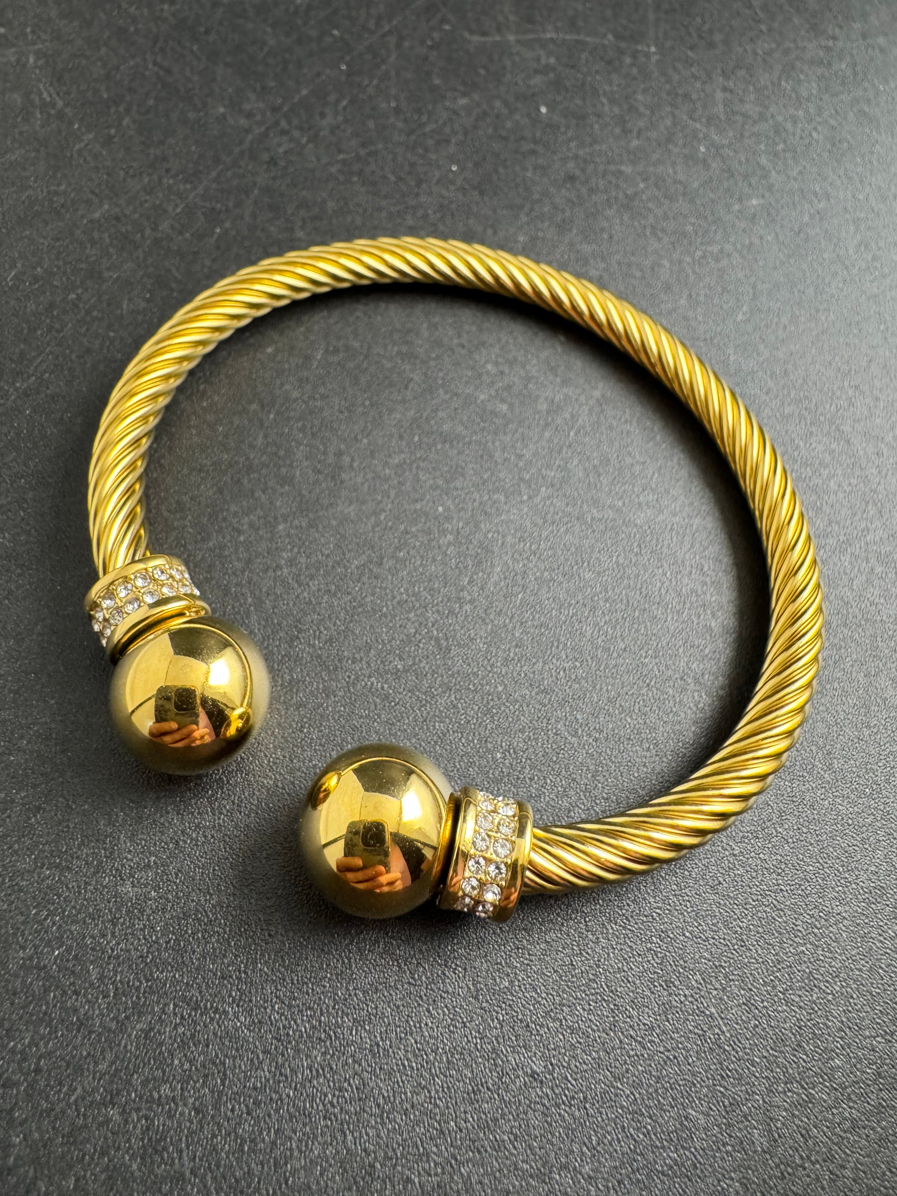 Etruscan style open twisted rhinestone torque cuff bangle gold tone