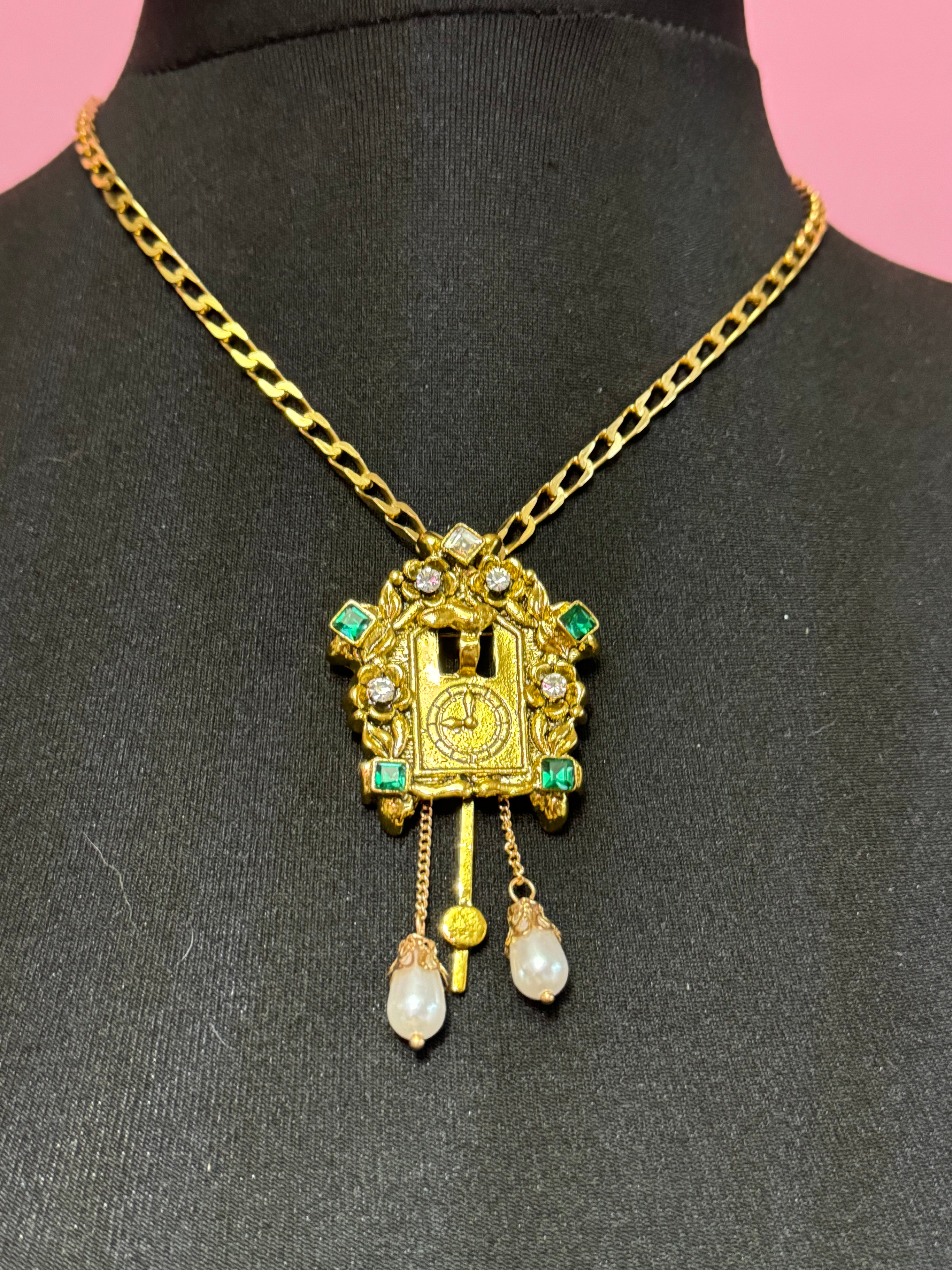 Combination novelty cuckoo clock brooch and pendant gold