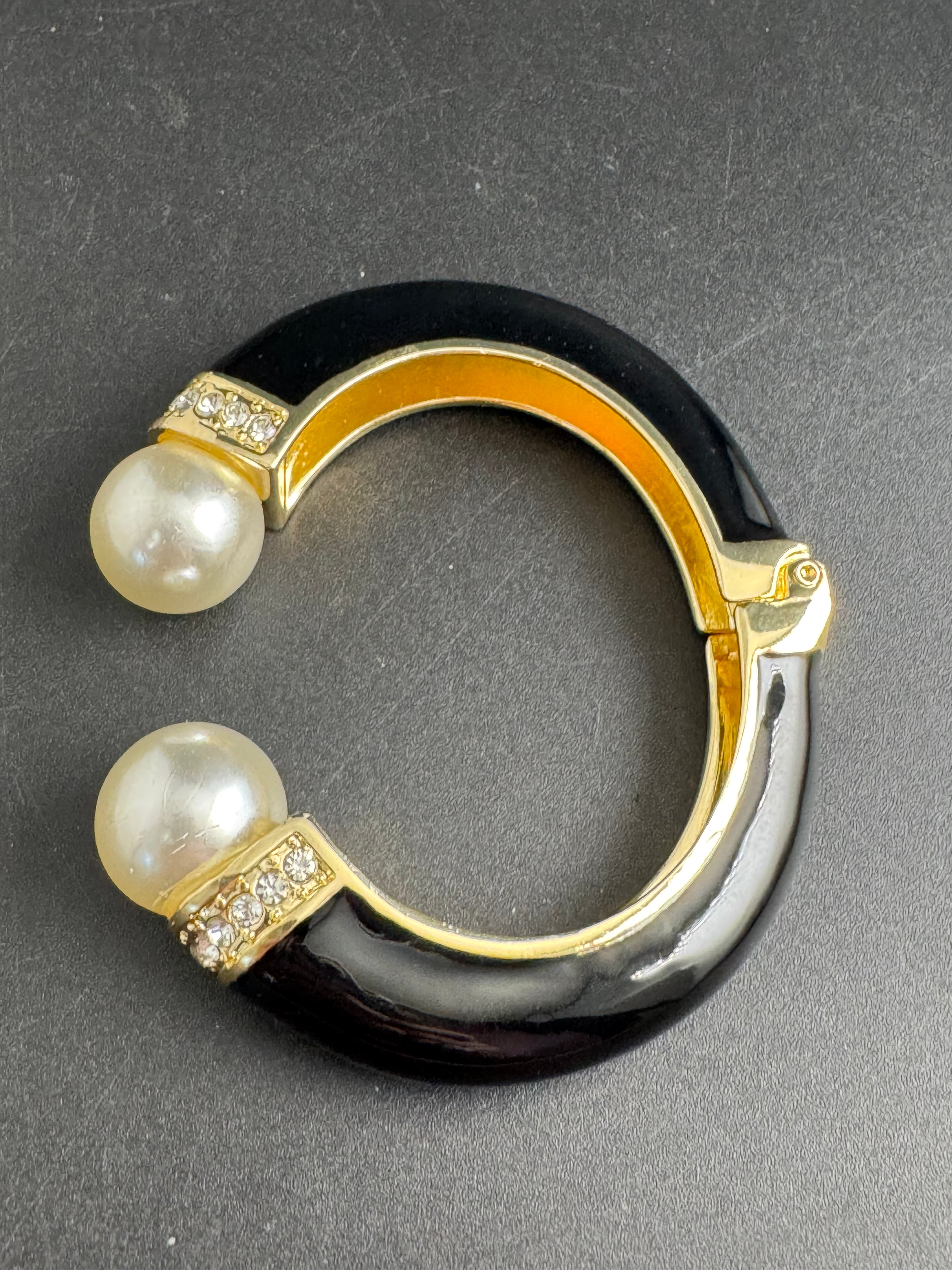 Classic black enamel Crystal clamper Bangle with pearl ball ends