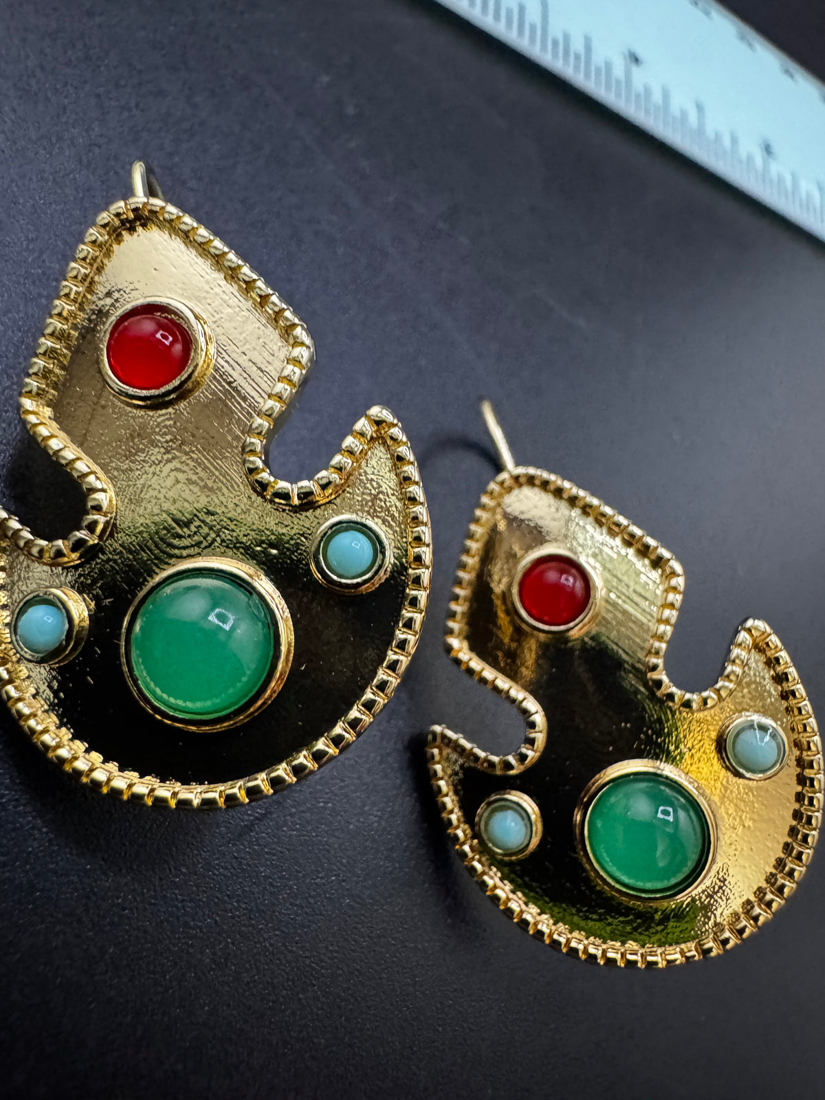 Etruscan style red and green cabochon drop earrings for pierced ears