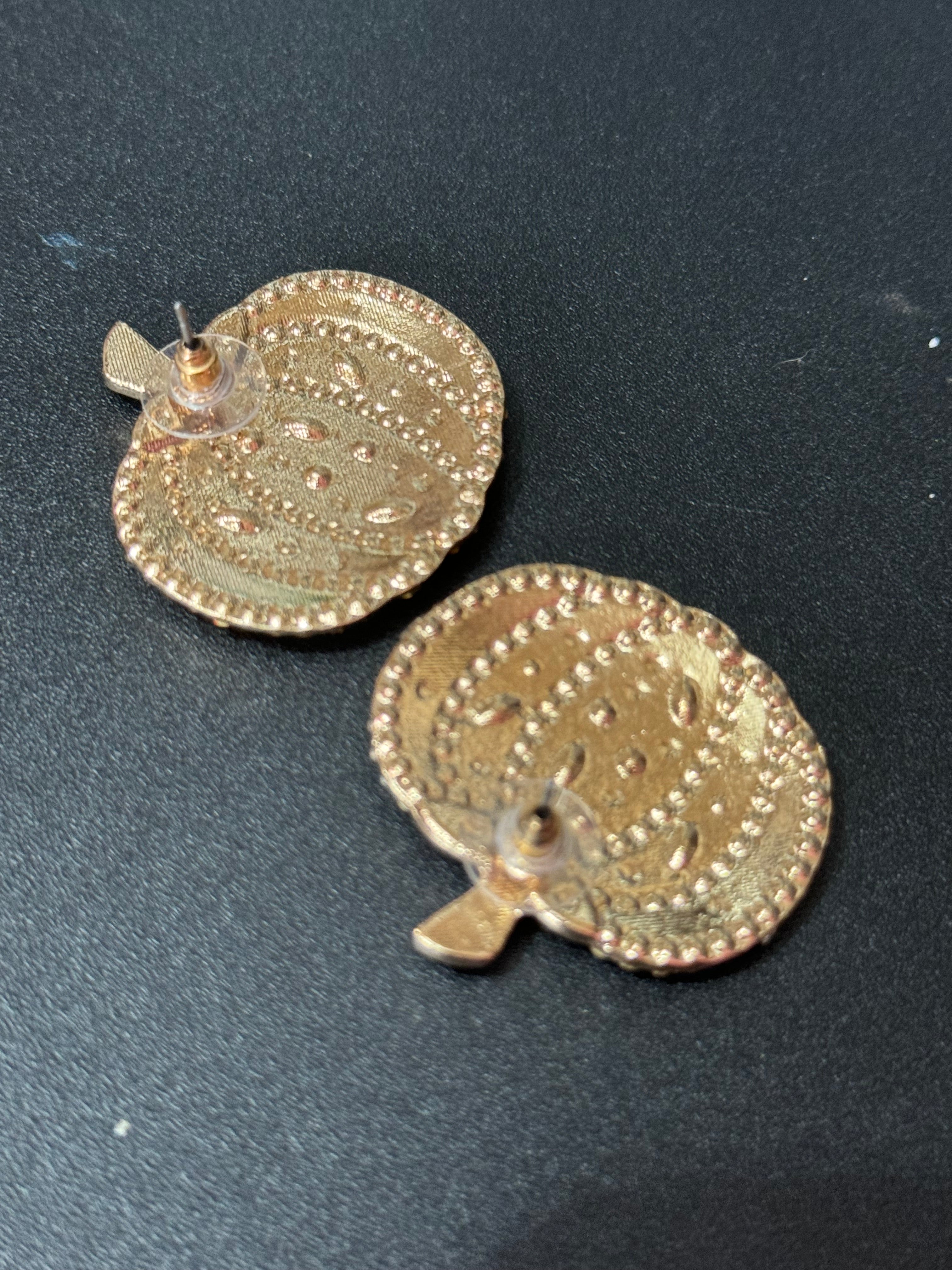 Oversized crystal orange enamel pumpkin earrings pierced