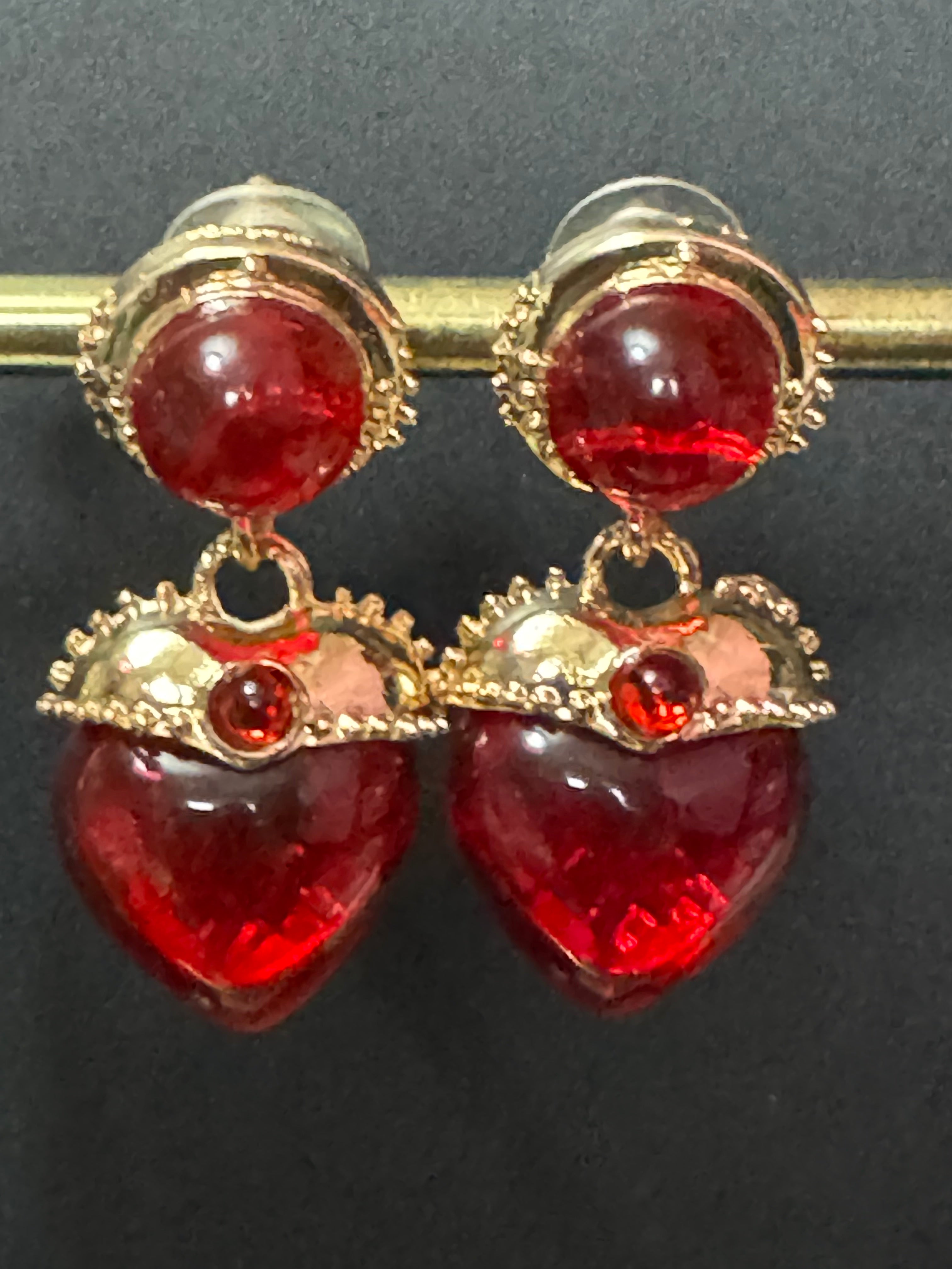 Oversized medieval style ruby red love heart cabochon drop earrings gold tone
