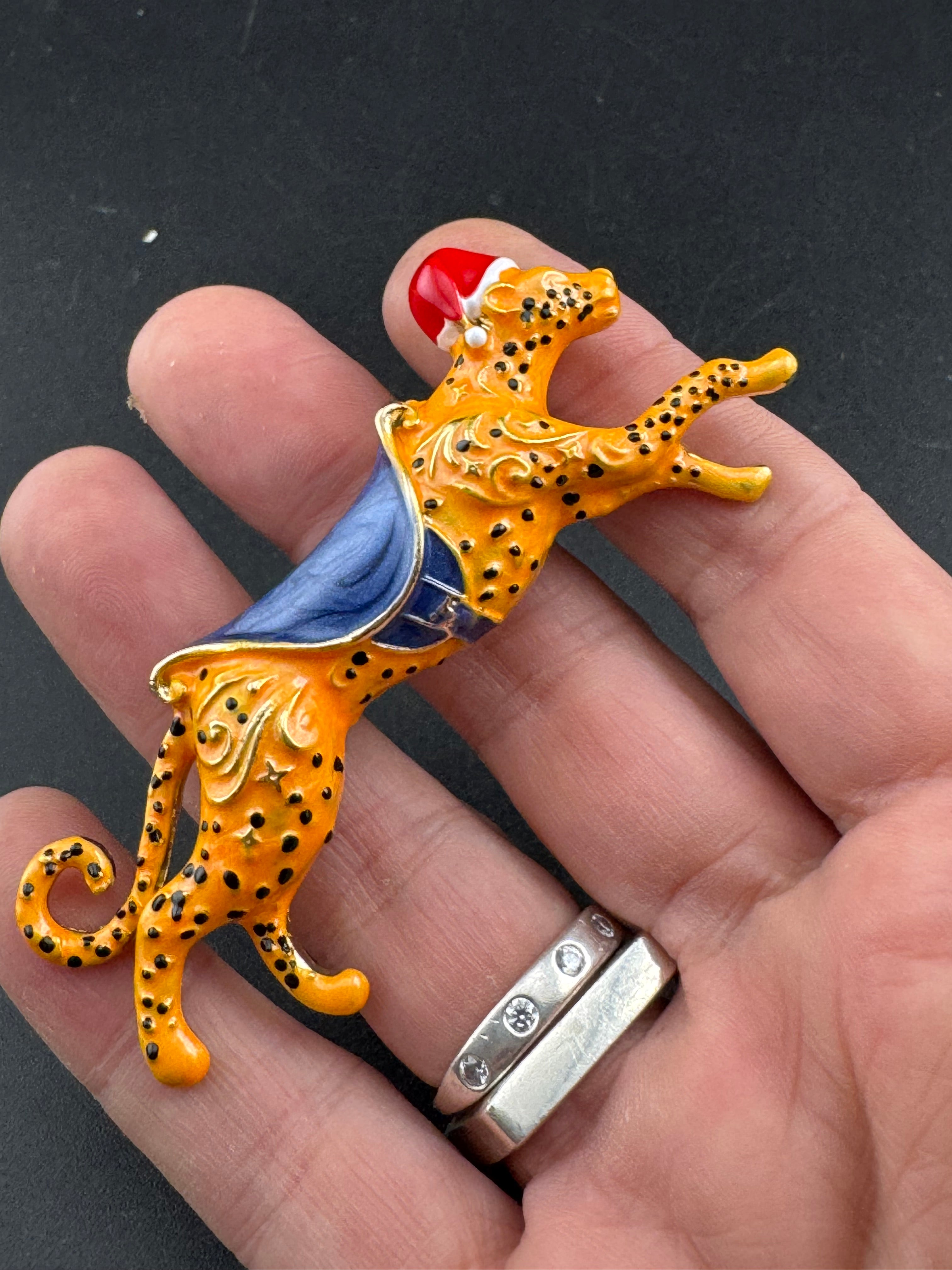 Christmas big cat leopard brooch, festive Santa hat