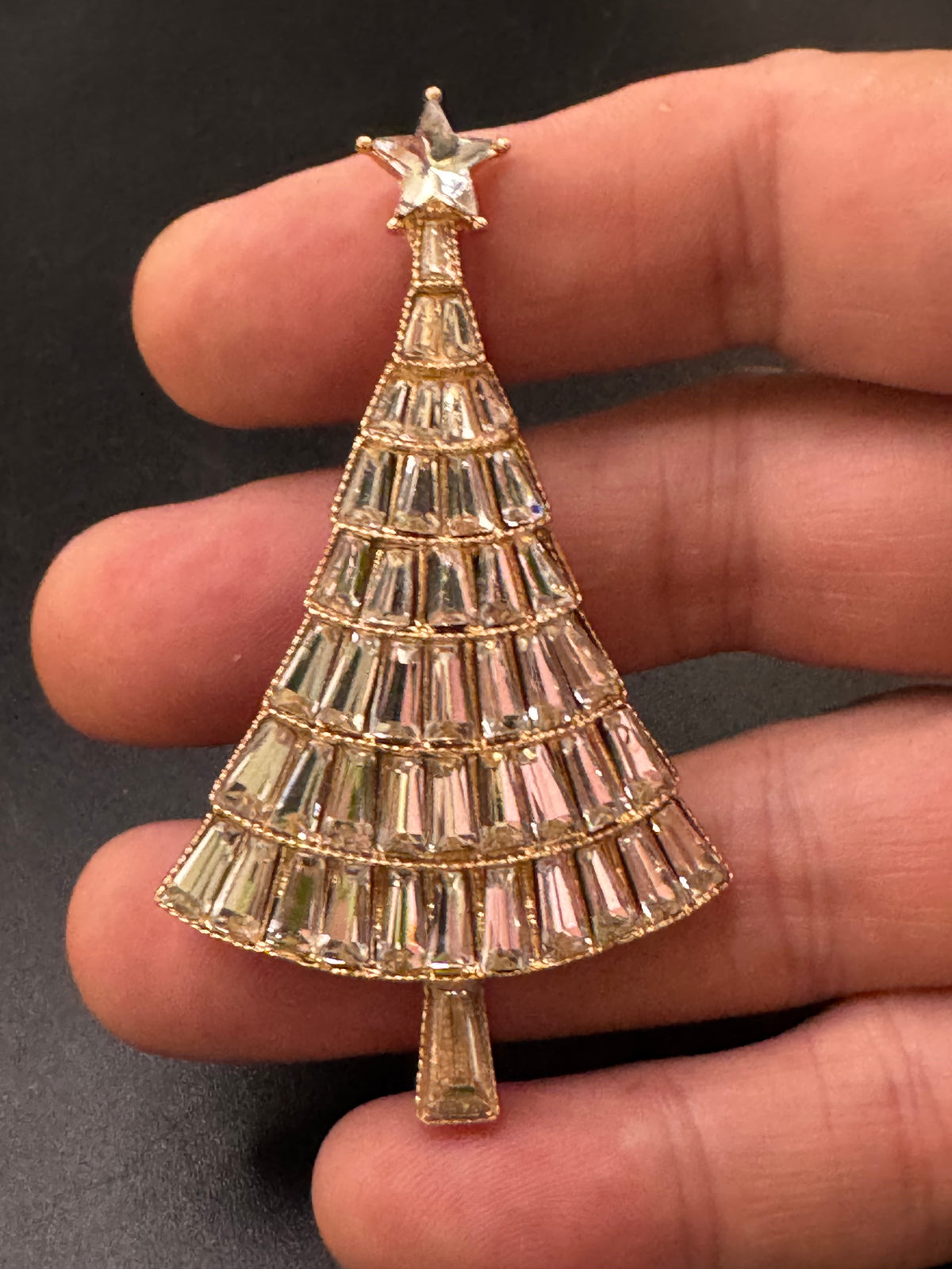 Rhinestone Christmas tree brooch, gold tone , festive jewellery