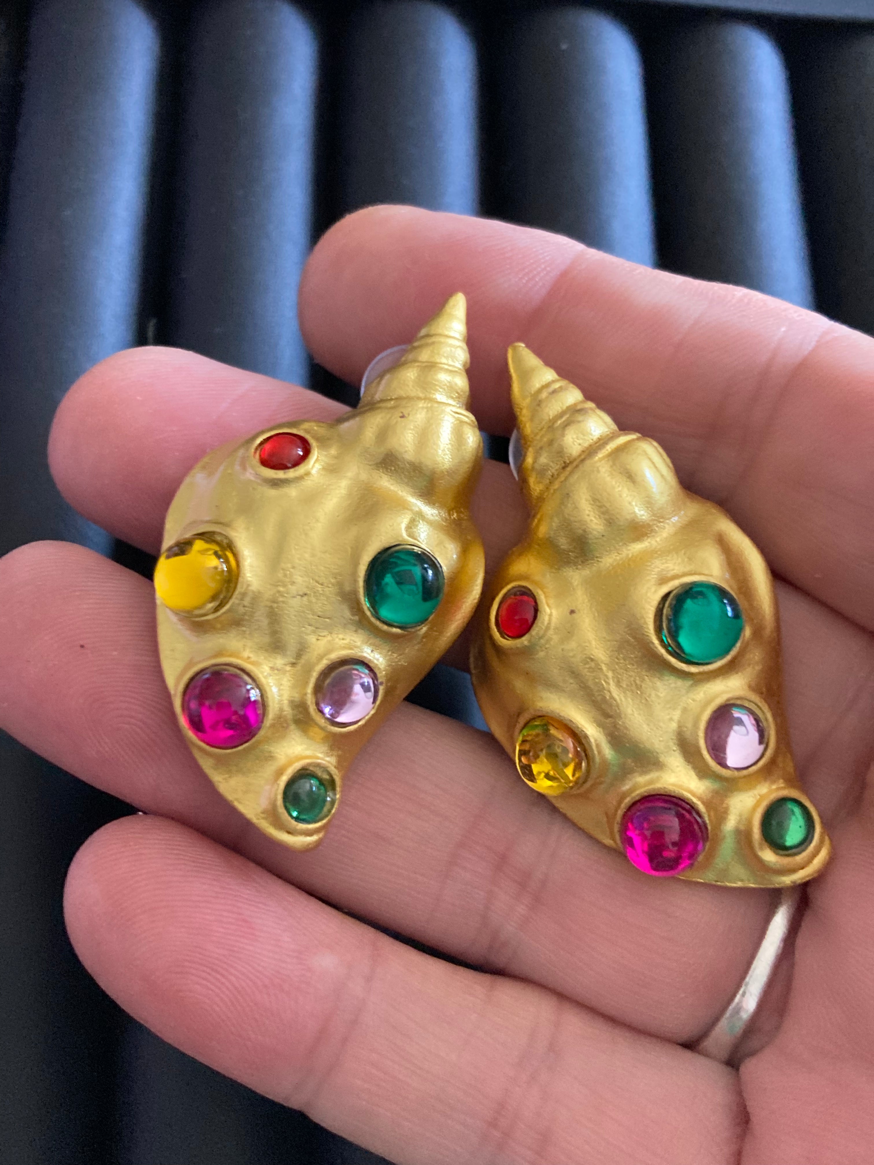 Oversized gold tone shell nautical earrings with rainbow gripoix style cabochon pierced