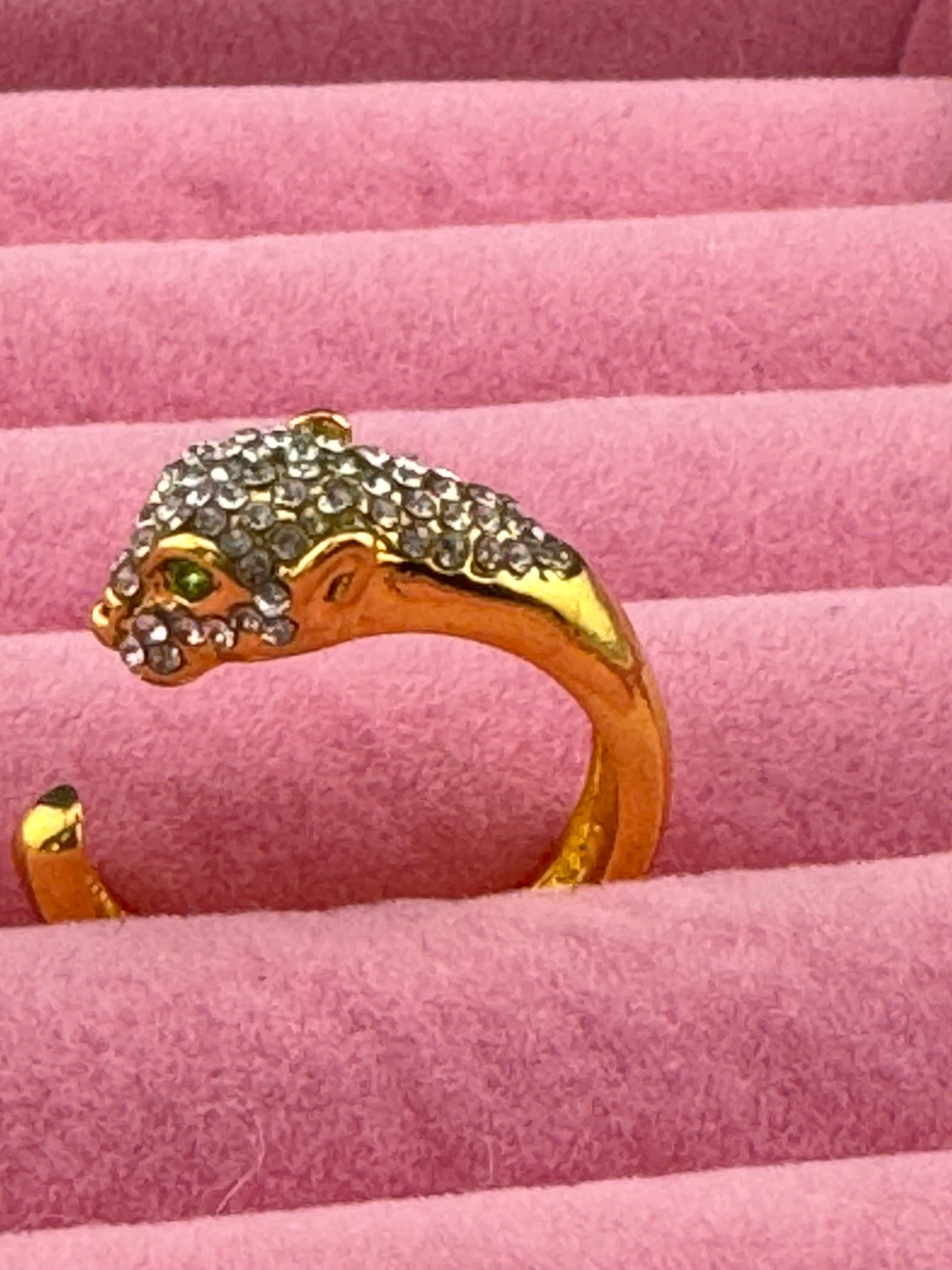 Crystal diamanté Gold plated big cat leopard adjustable ring