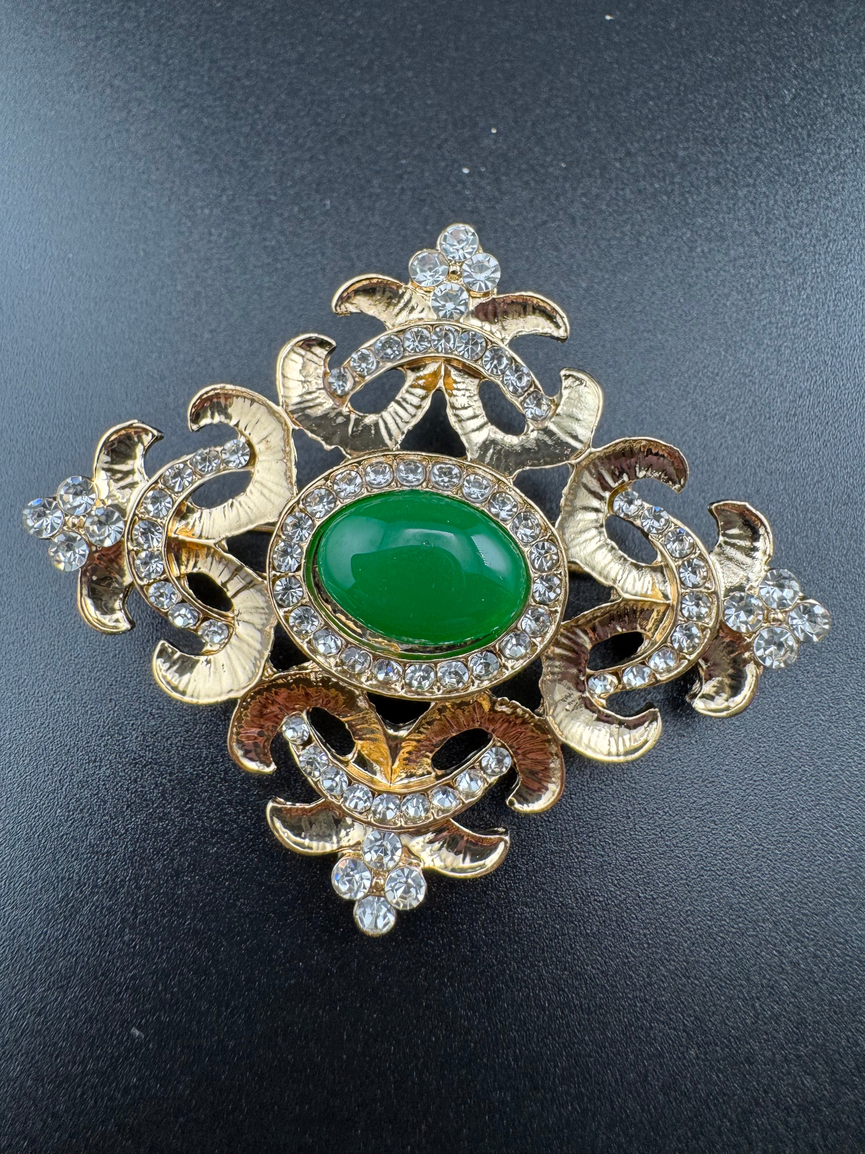 Statement Medieval style gold emerald cabochon rhinestone cross brooch