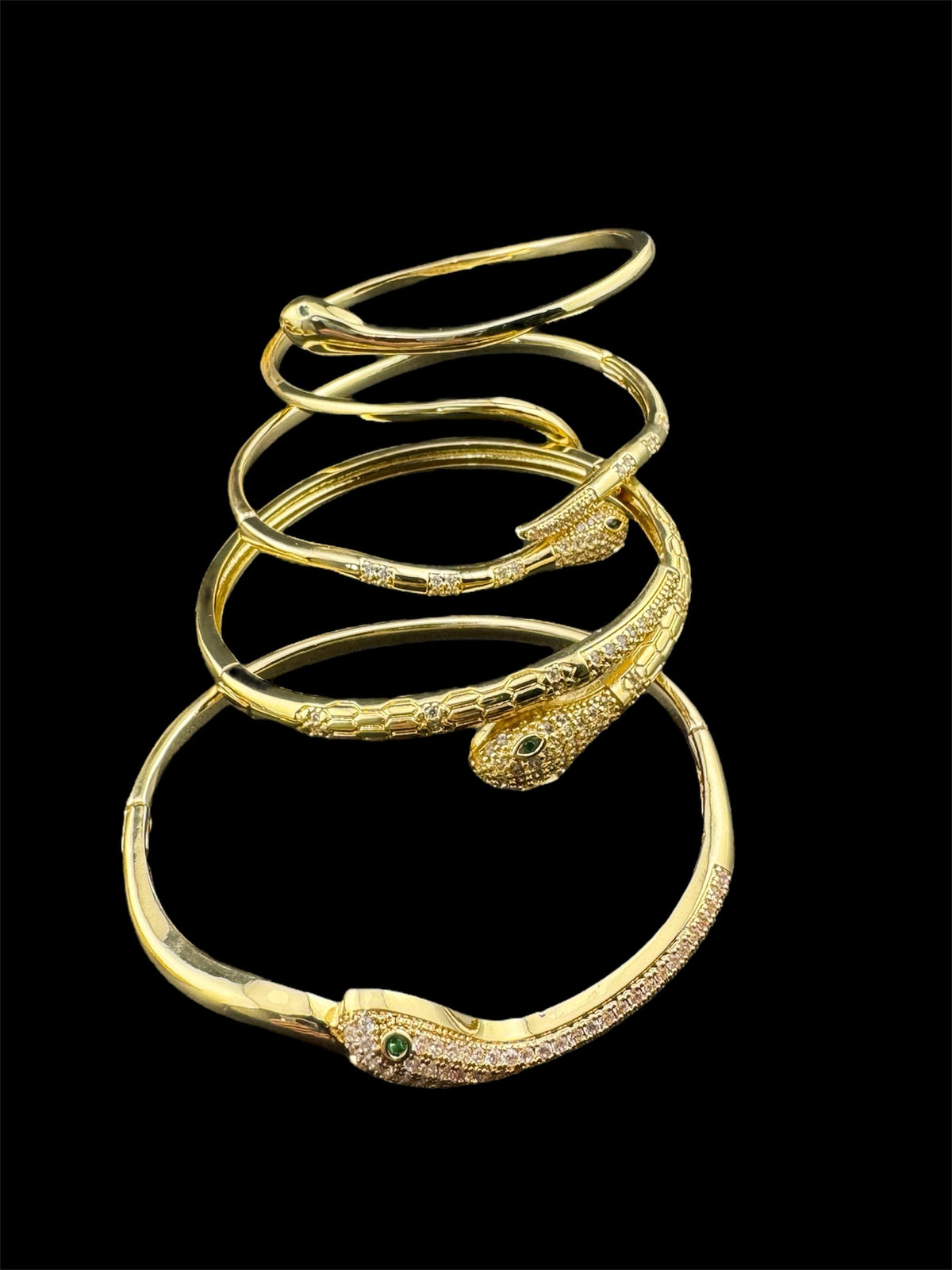 Gold Snake Bangle Bracelet |Hinged Gold-Plated Cuff, Emerald Eyes
