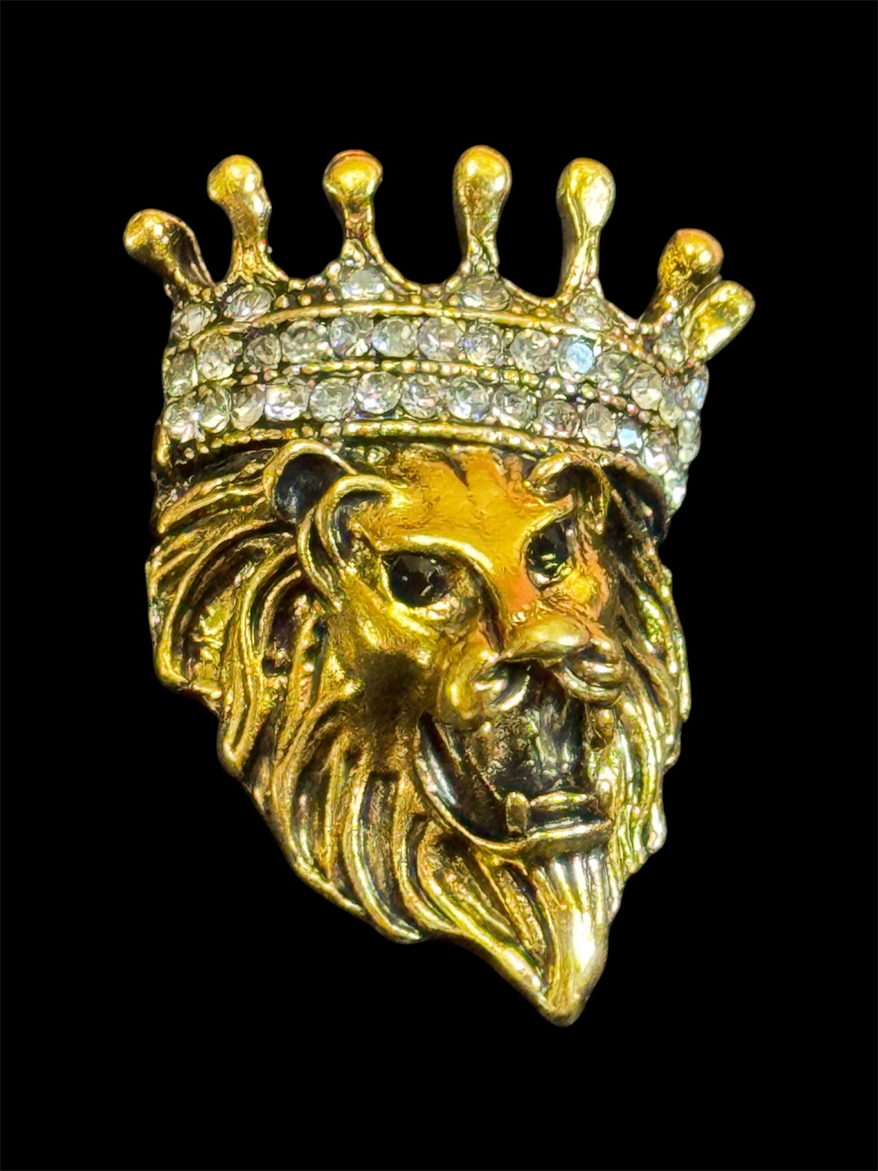 Crystal royal crown gold lion brooch, antique gold tone