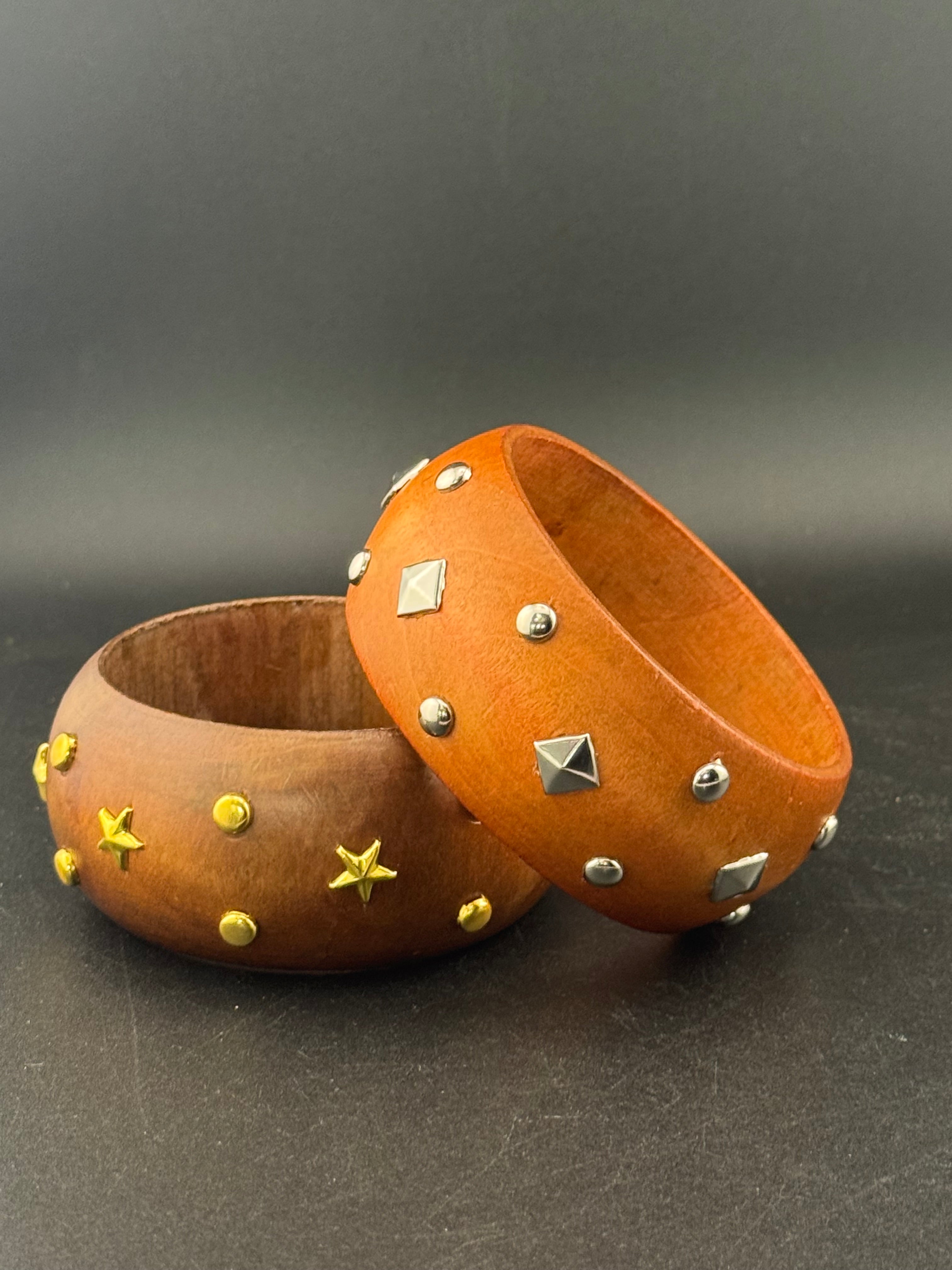 Oversized wide designed silver metal studded wooden bangle