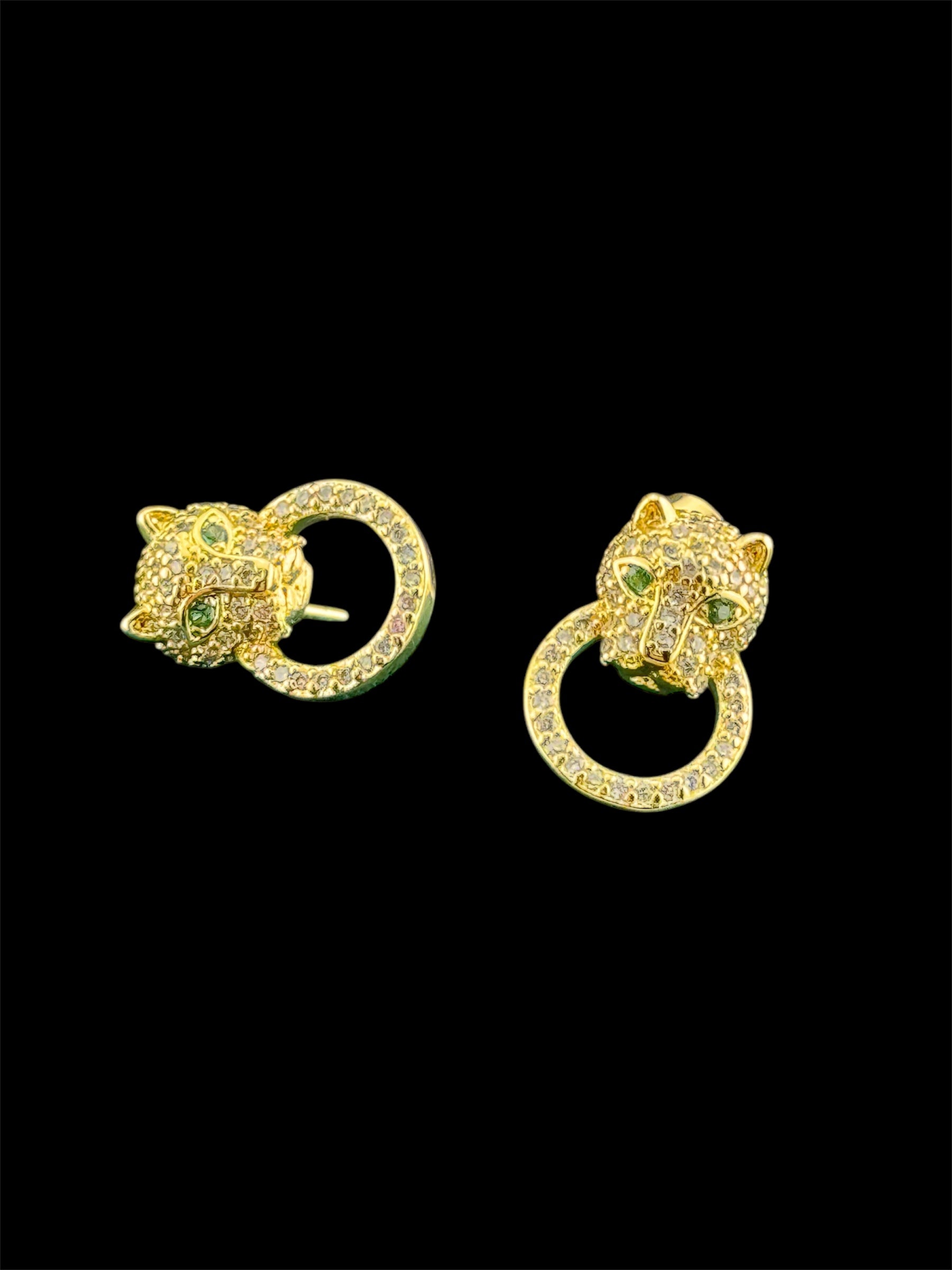 High end small gold plated Cz crystal leopard panther big cat stud earrings
