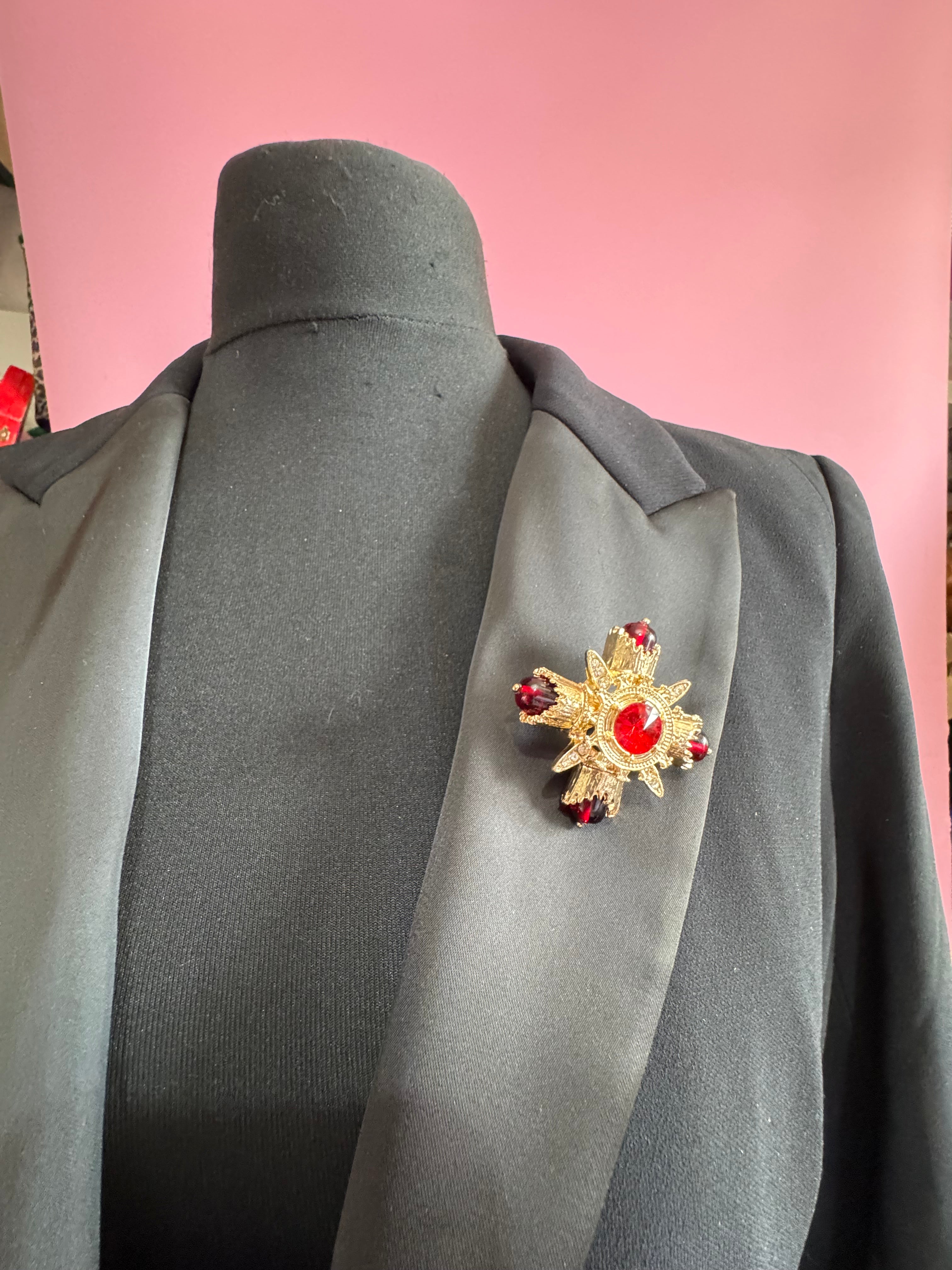 Statement Medieval style gold ruby rhinestone cross brooch