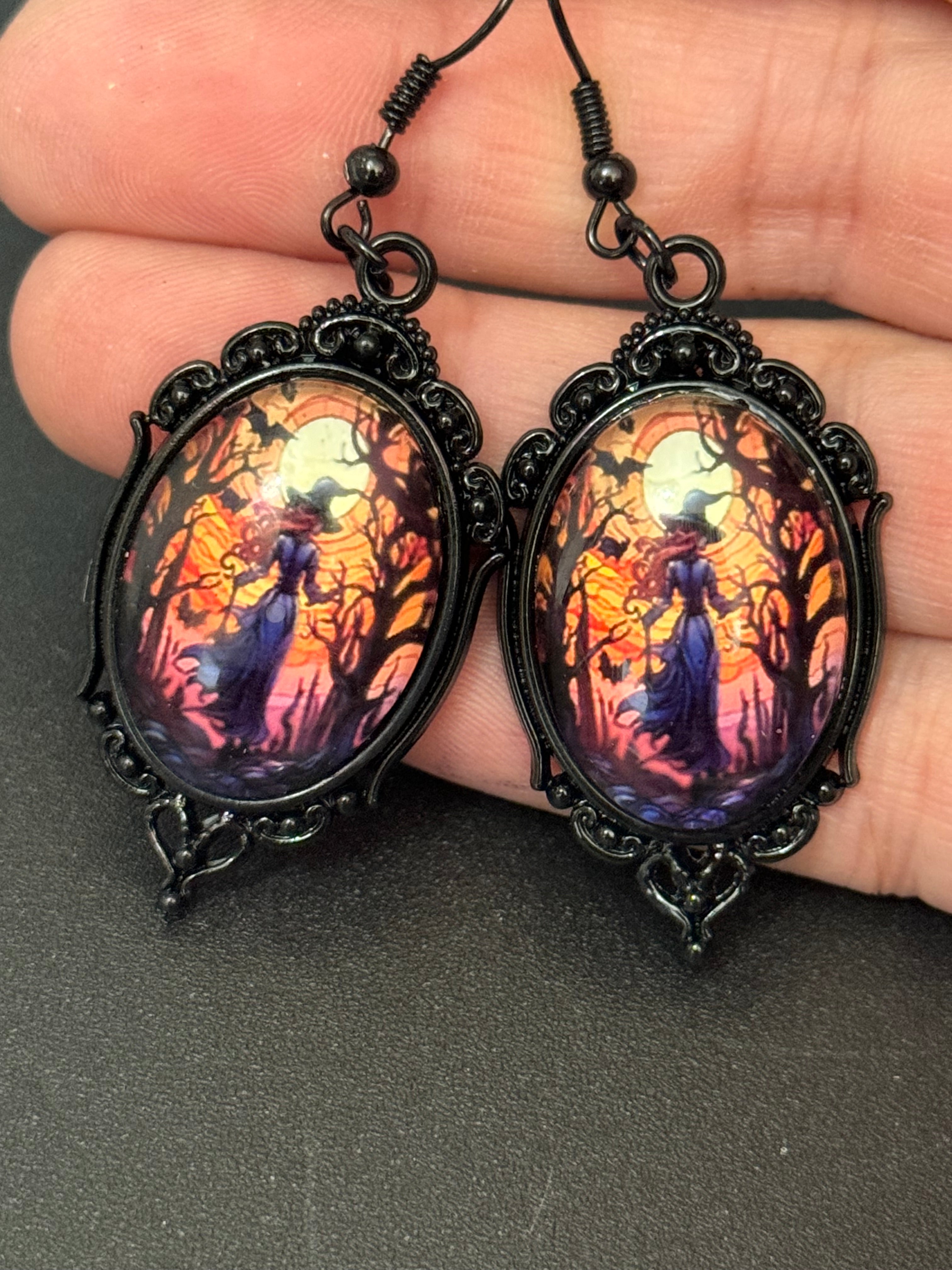 Spooky witches glass cabochon black gothic dangly Halloween earrings pierced