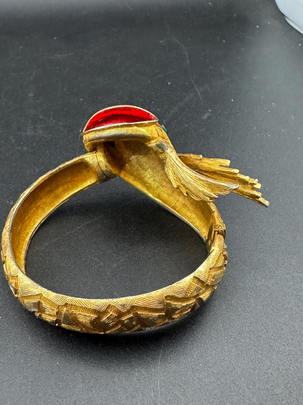 Vintage Serpent Bangle - Red Enamel, Emerald Rhinestones, Gold