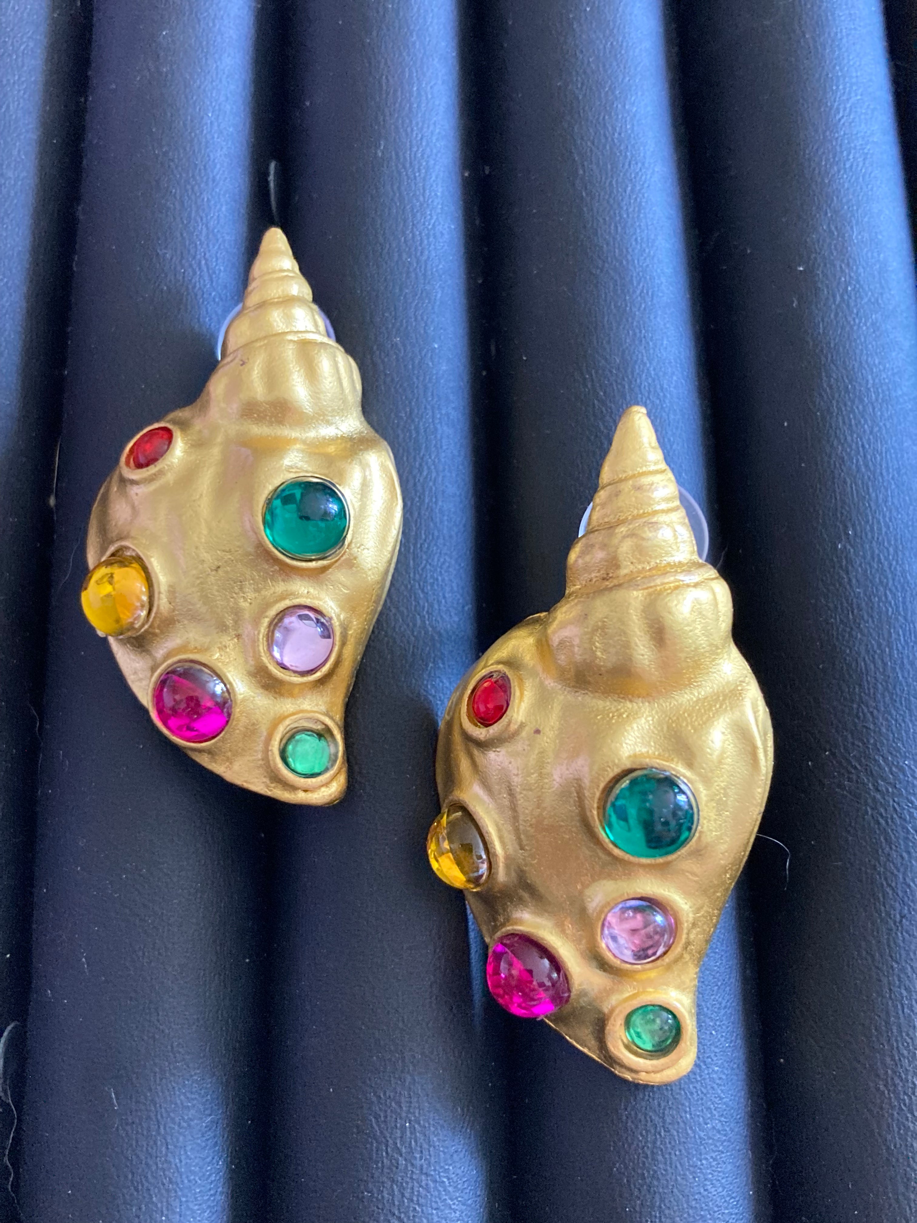 Oversized gold tone shell nautical earrings with rainbow gripoix style cabochon pierced