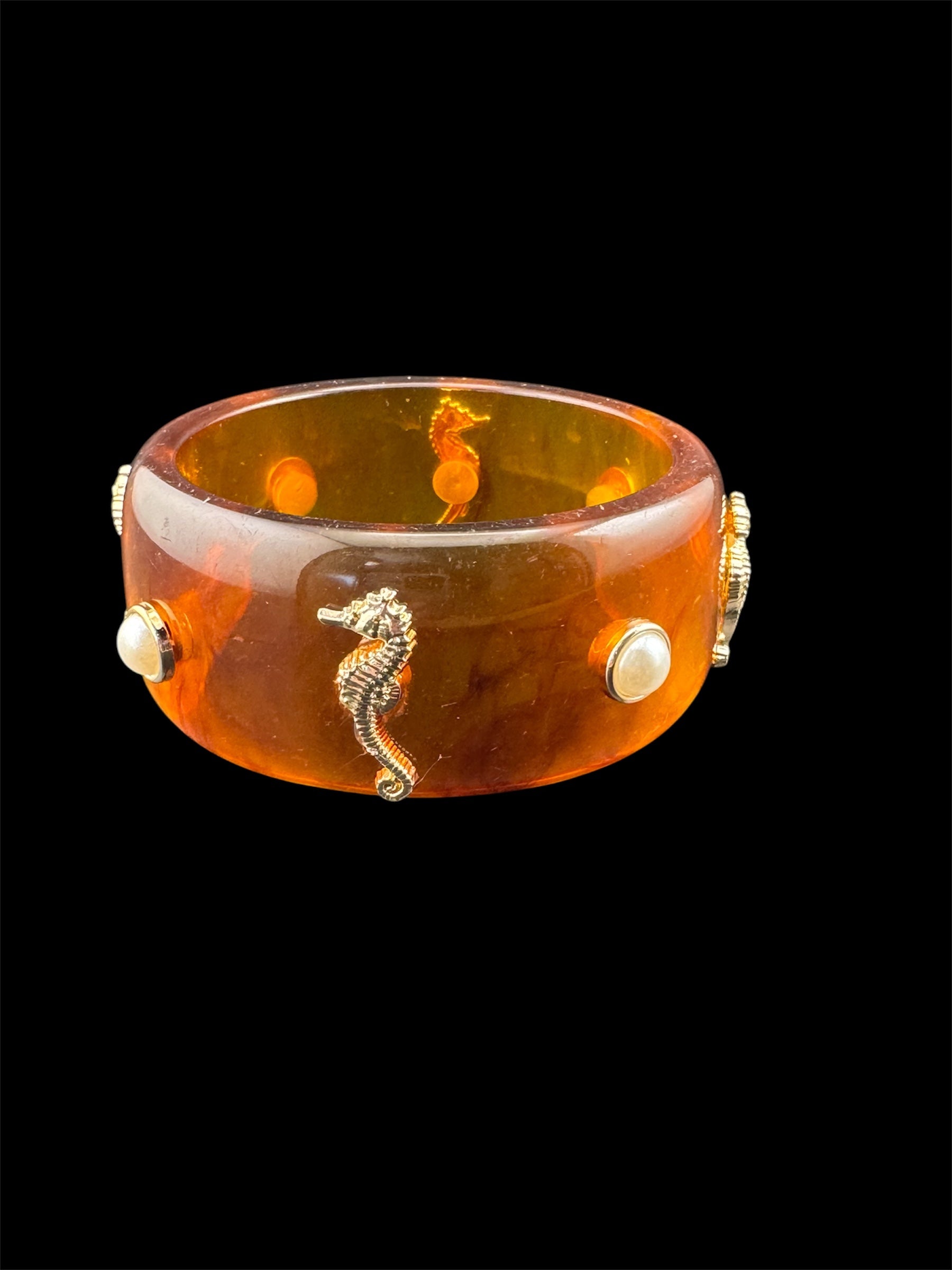 Nautical gold seahorse faux tortoiseshell wide brown acrylic pearl plastic bangle bracelet