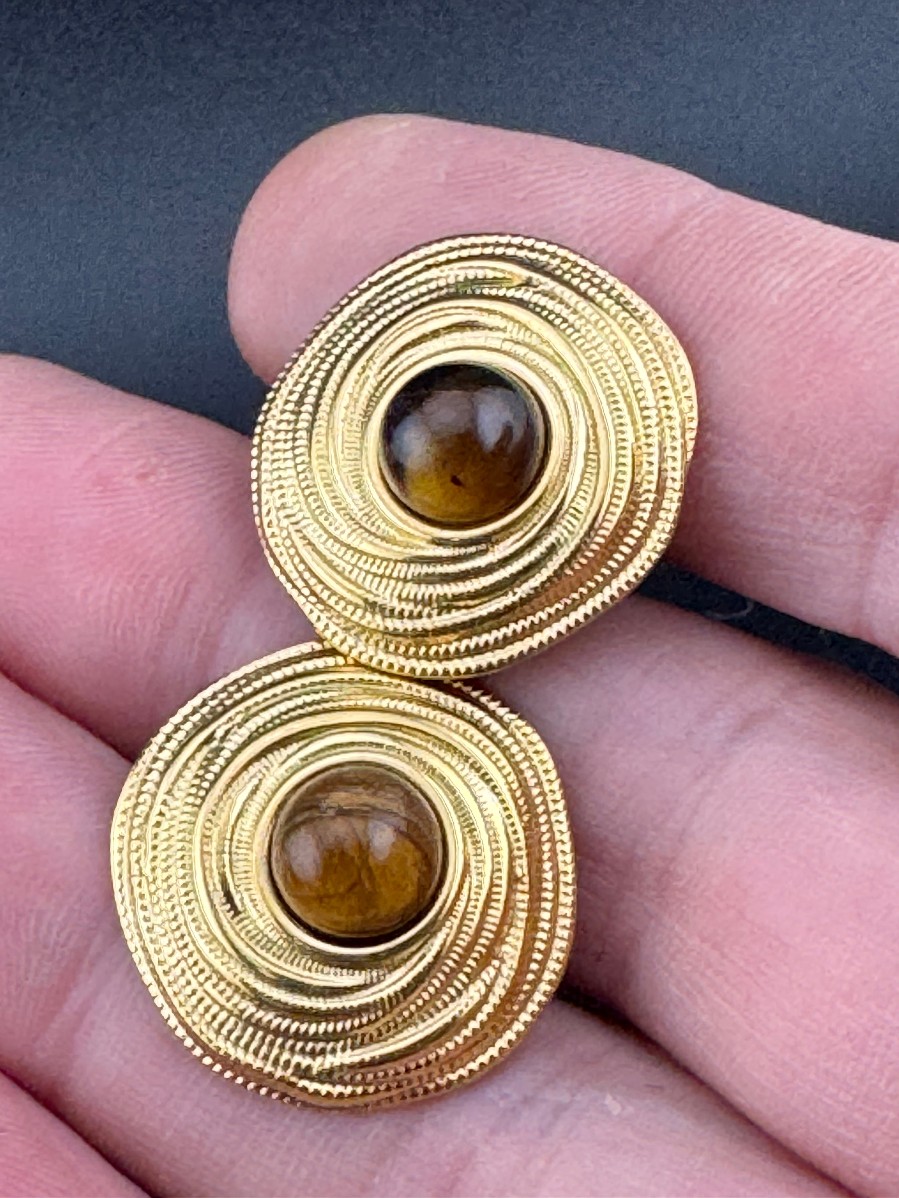 Etruscan medieval style tigers-eye gemstone gold tone stud disc earrings