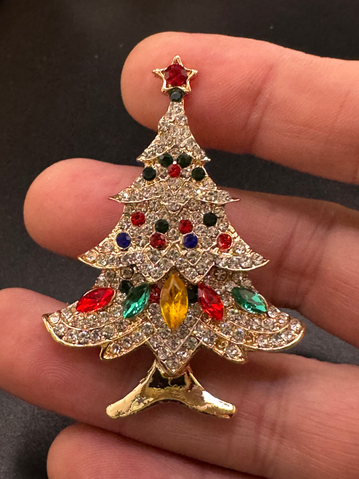 Coloured Rhinestone Christmas tree brooch, gold tone , festive jewellery