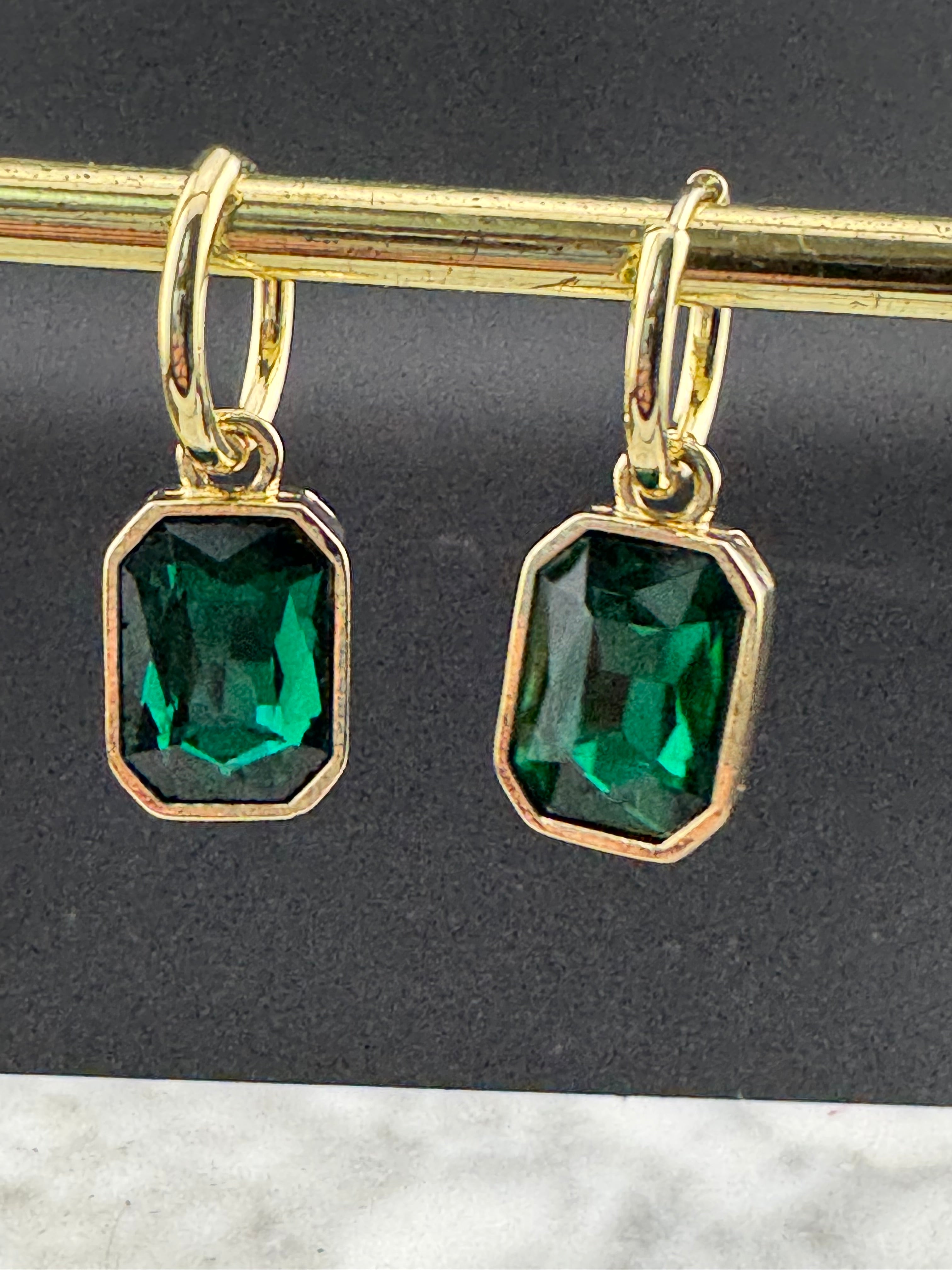Emerald green diamond glass crystal octagonal charm small hoop earrings pierced, gold plated