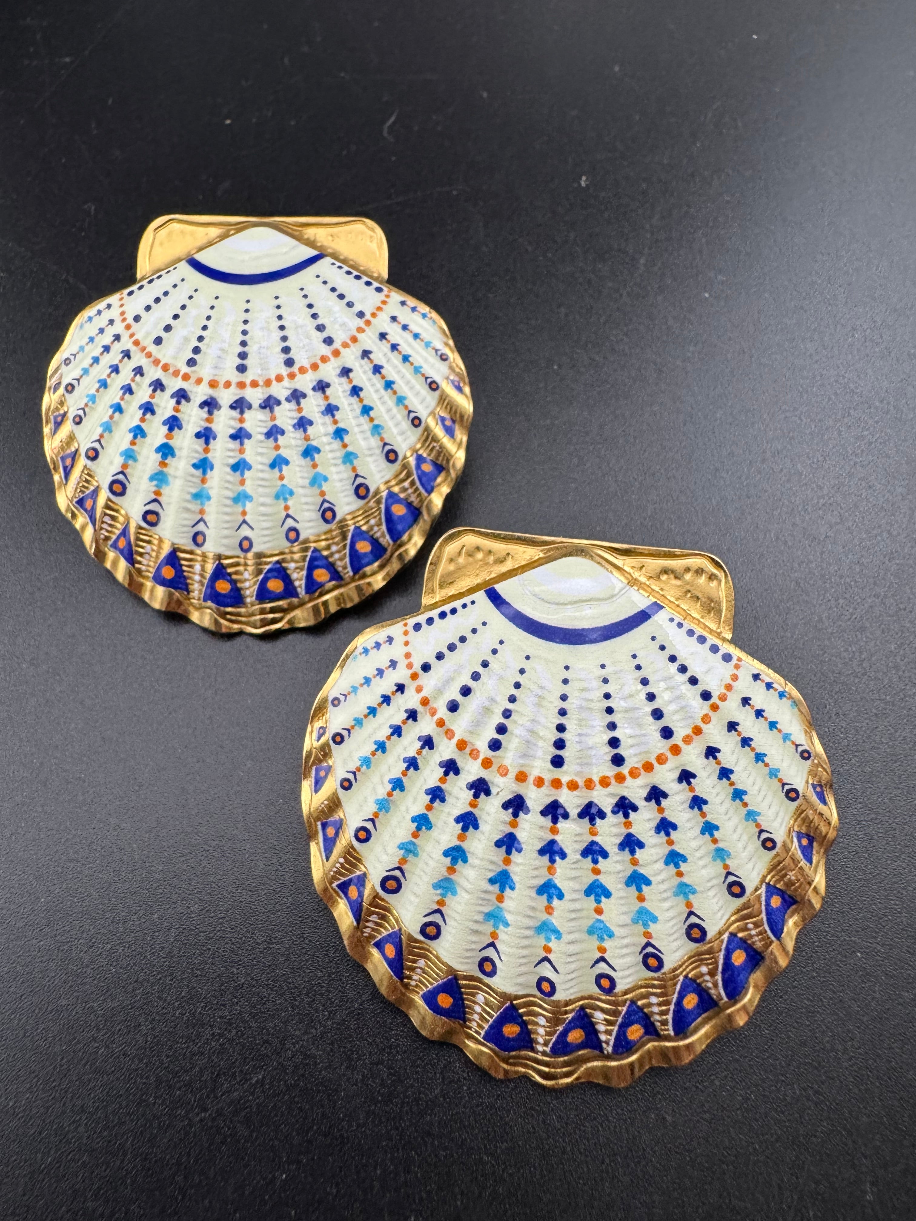 Oversized sea shell enamel earrings for pierced ears turquoise and white