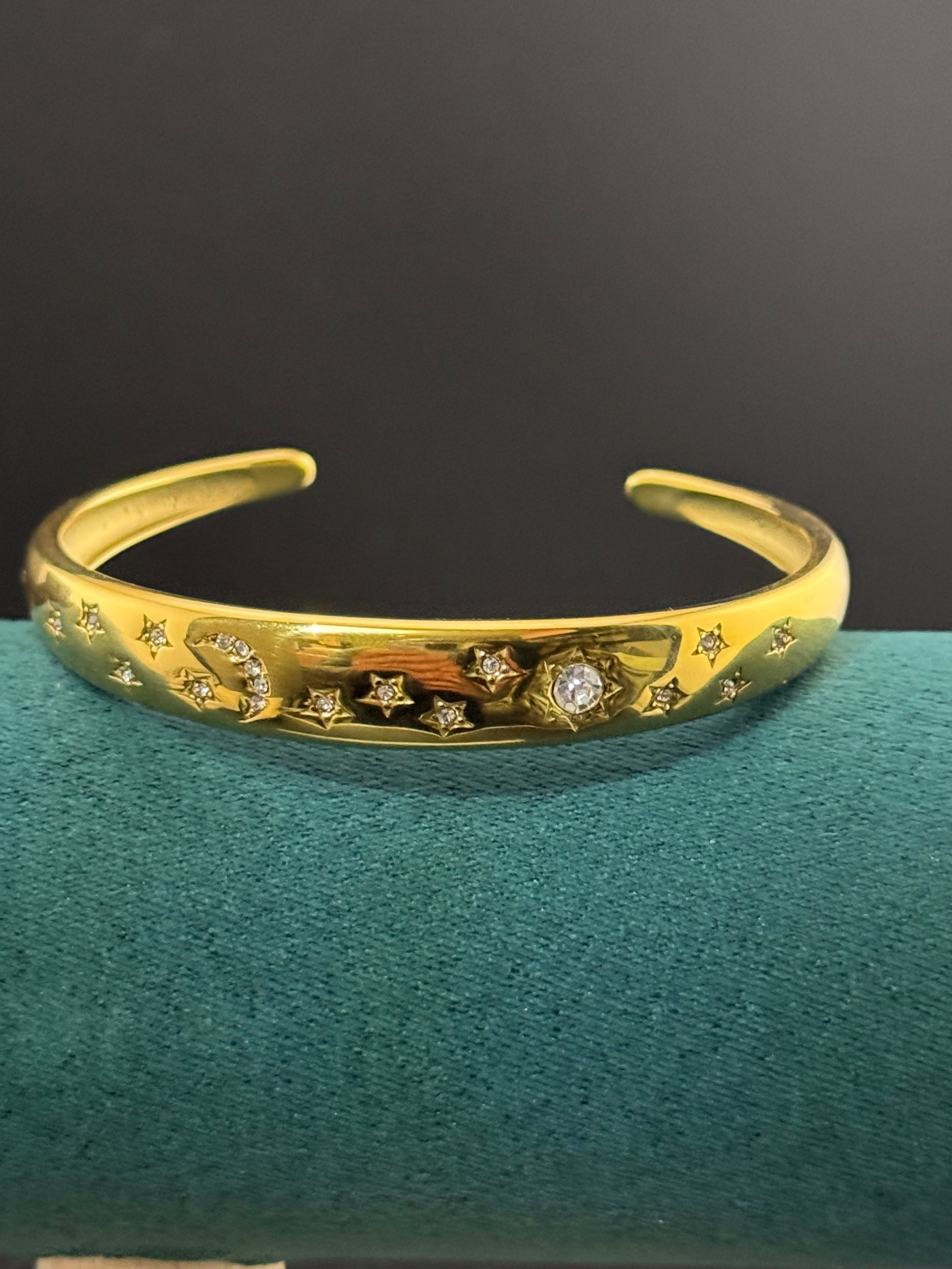 Sun Moon & Stars gold plated open bangle
