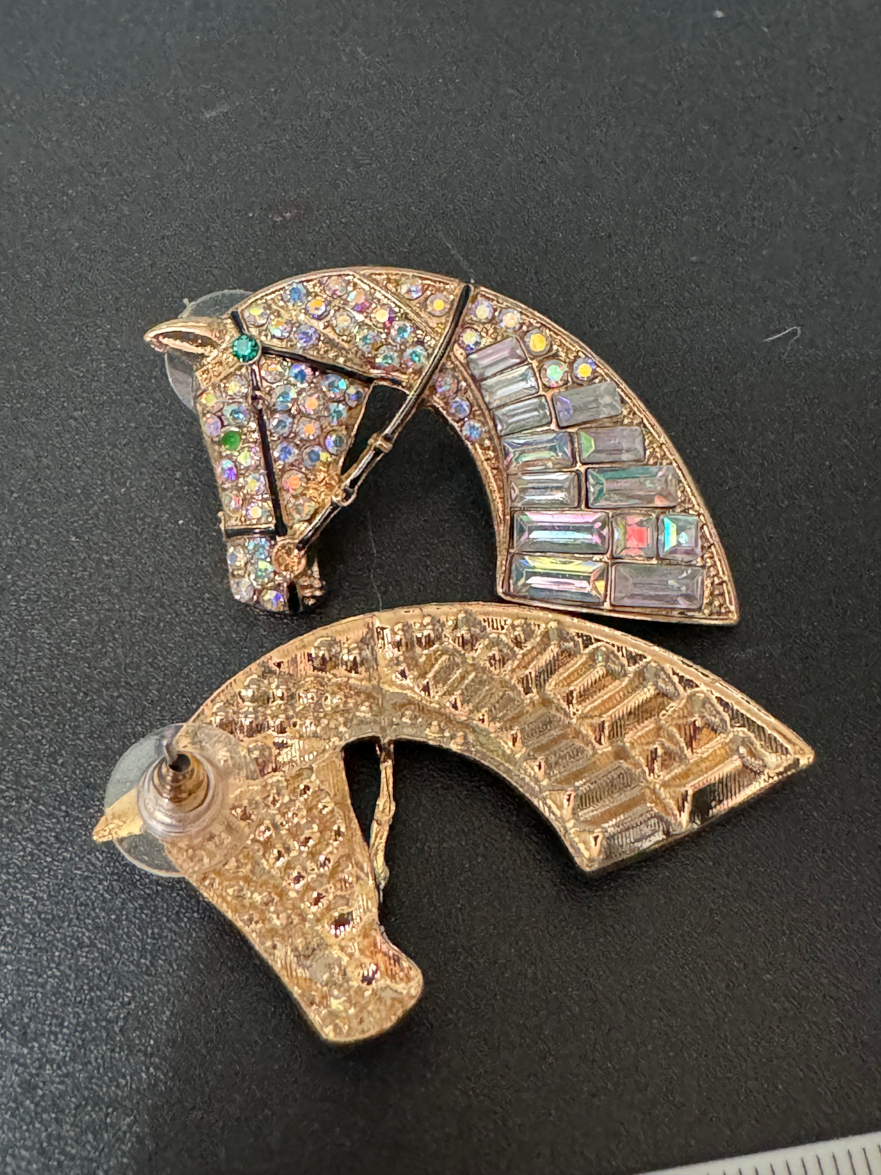 Oversized novelty horse head earrings clear rainbow crystal baguette diamanté pierced studs