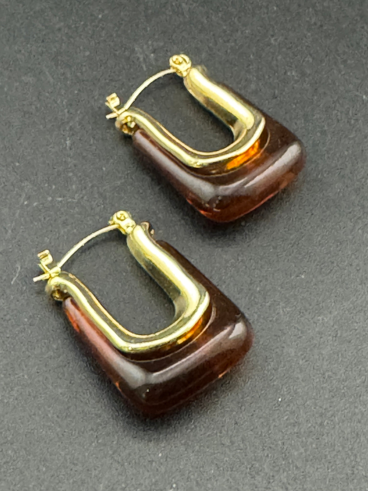 Rectangular Hoop Earrings, Brown Acrylic, 3 Cm Drop, Goldtone Posts