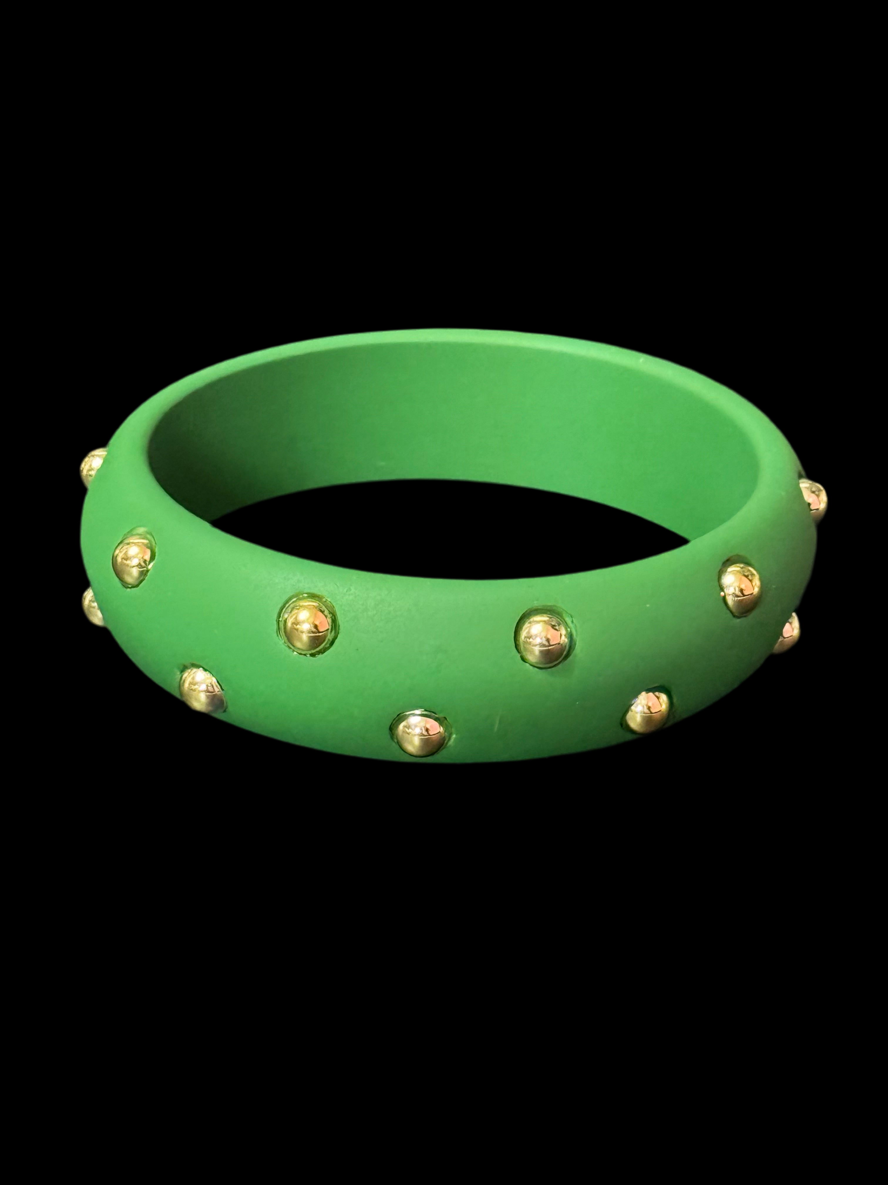 Bright Matt Green gold metal studded wide plastic bangle