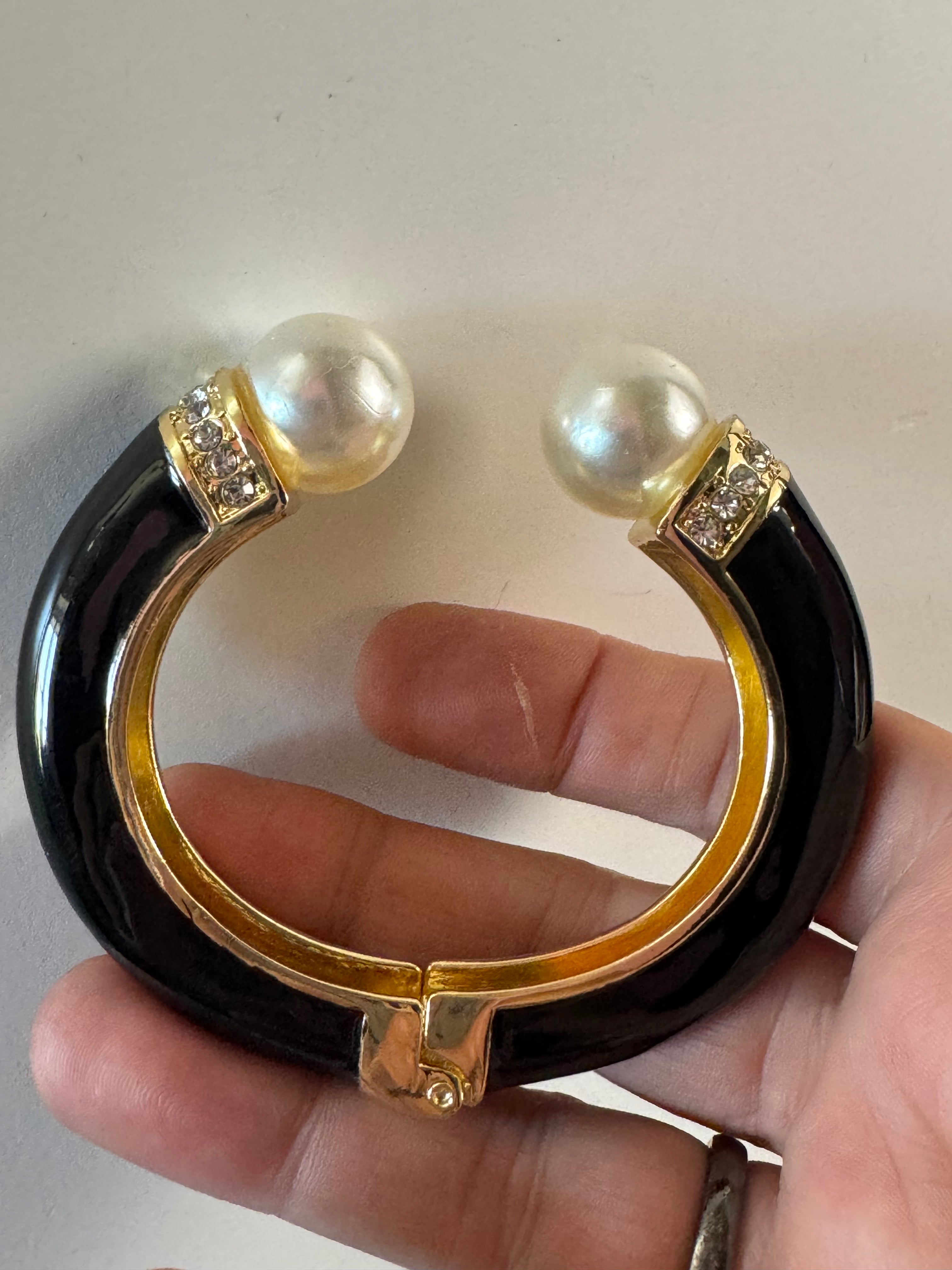 Classic black enamel Crystal clamper Bangle with pearl ball ends