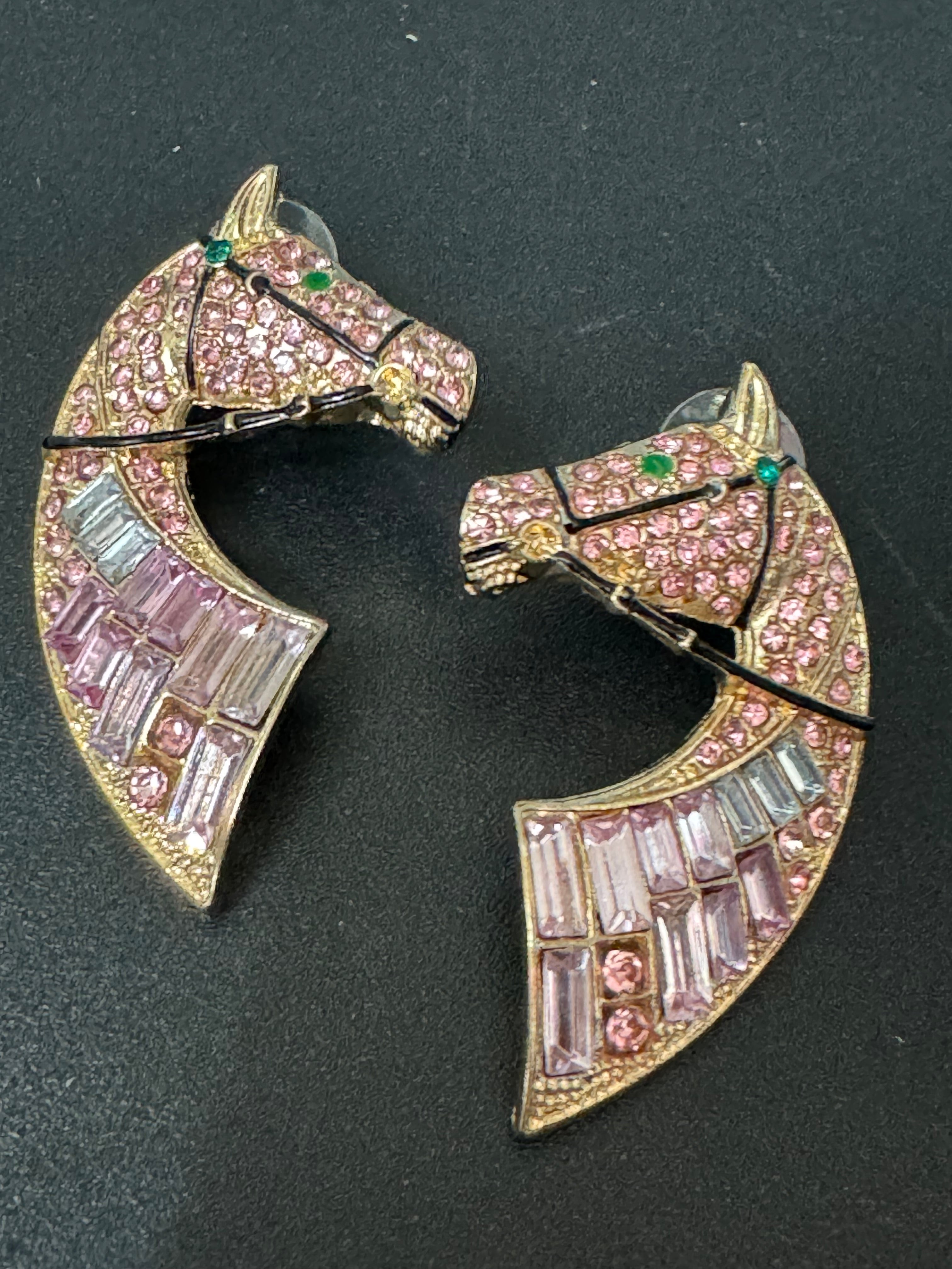 Oversized novelty horse head earrings pink crystal baguette diamanté pierced studs