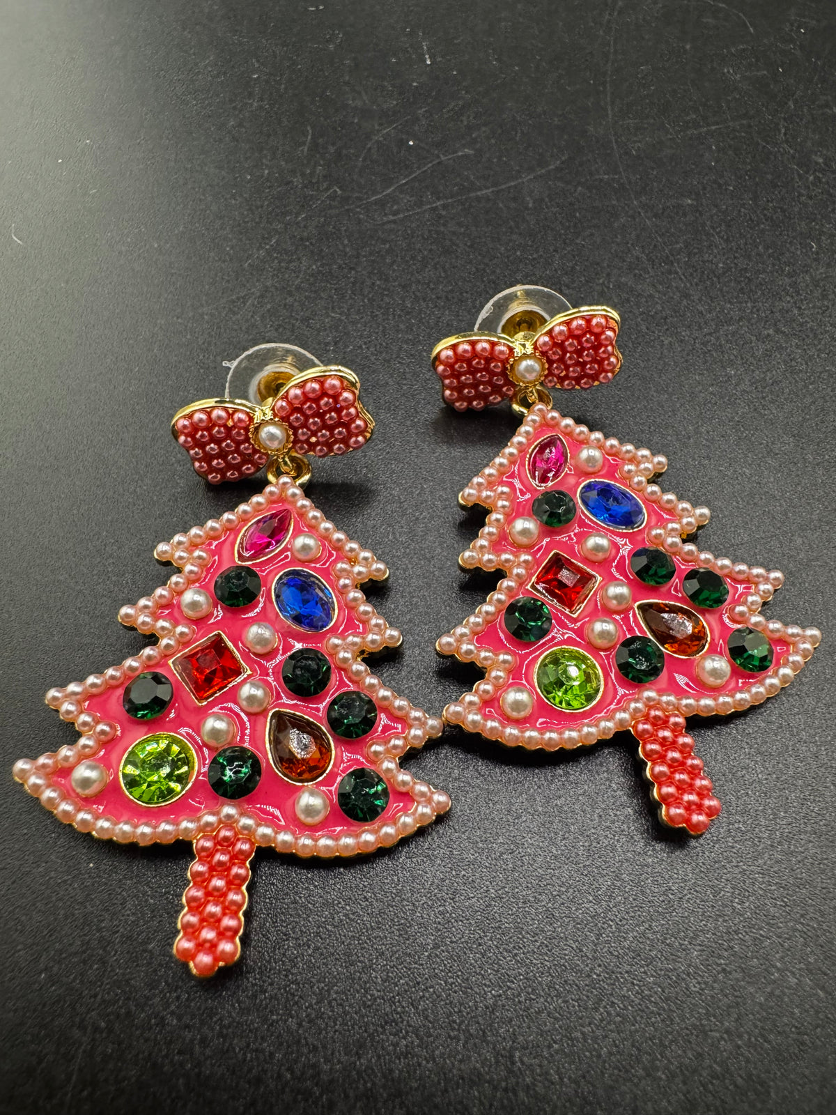 Oversized pink Christmas tree dangly earrings for pierced ears