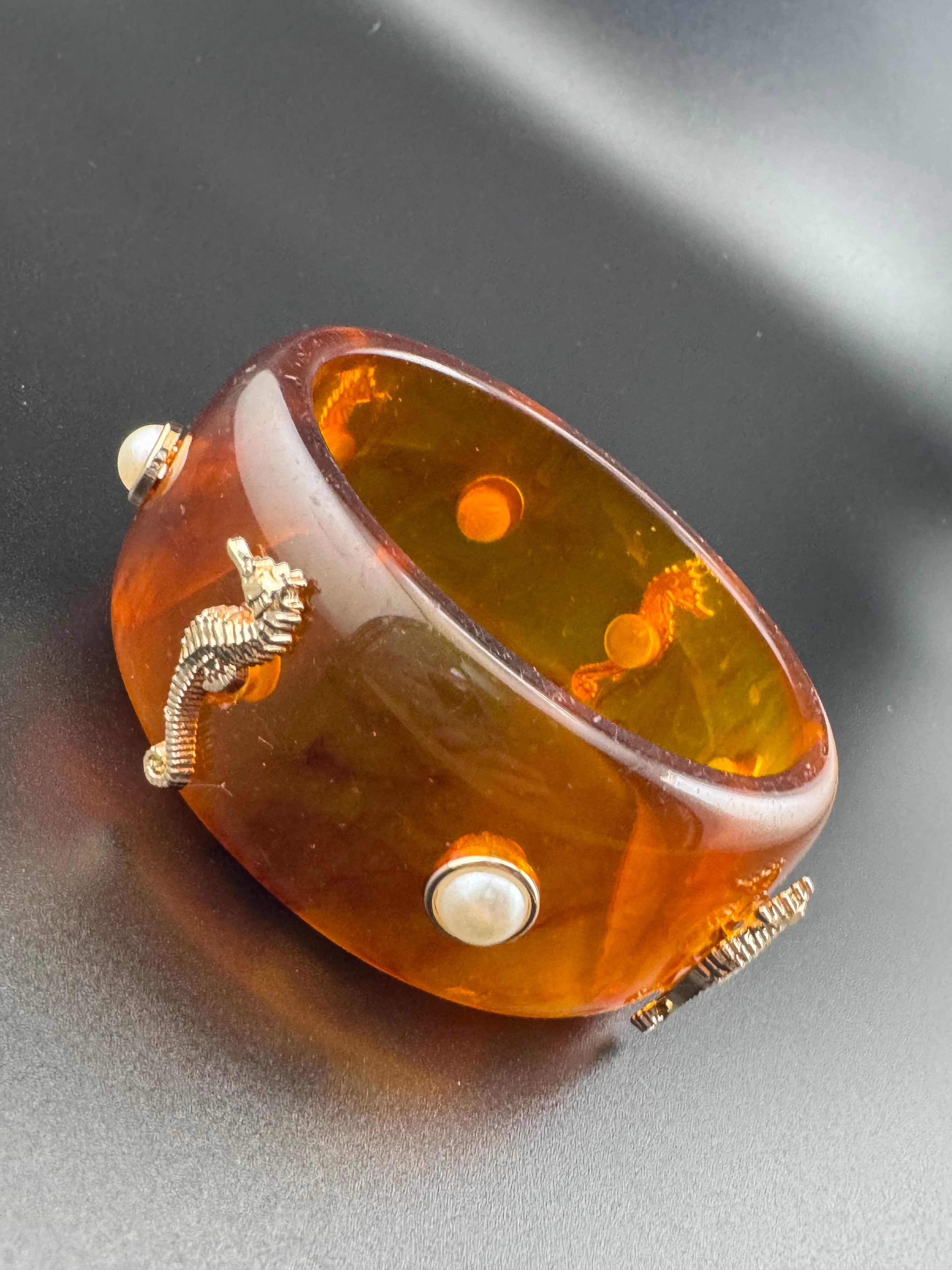 Nautical gold seahorse faux tortoiseshell wide brown acrylic pearl plastic bangle bracelet