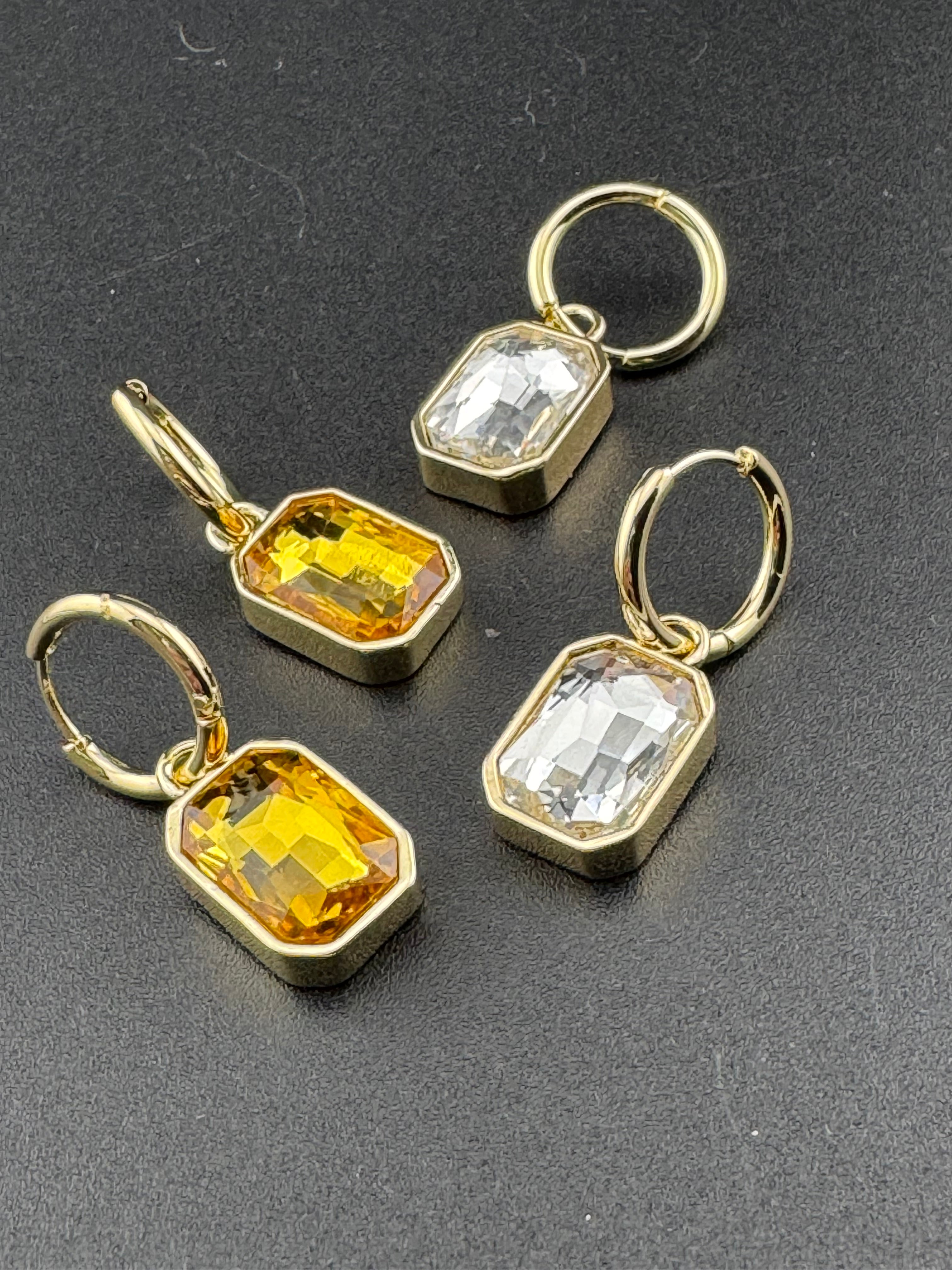 Amber Citrine glass crystal octagonal charm small hoop earrings pierced, gold plated