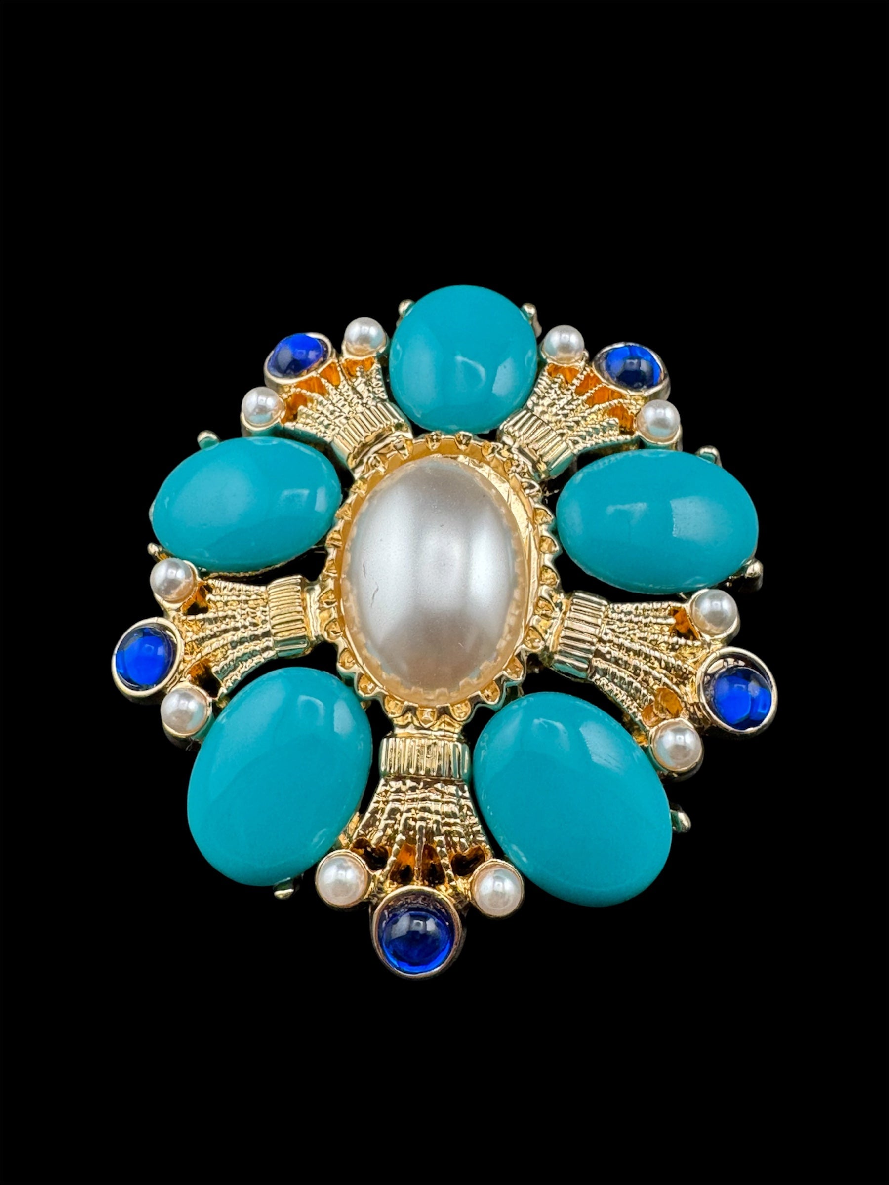 turquoise, sapphire and pearl oversized cabochon diamanté brooch