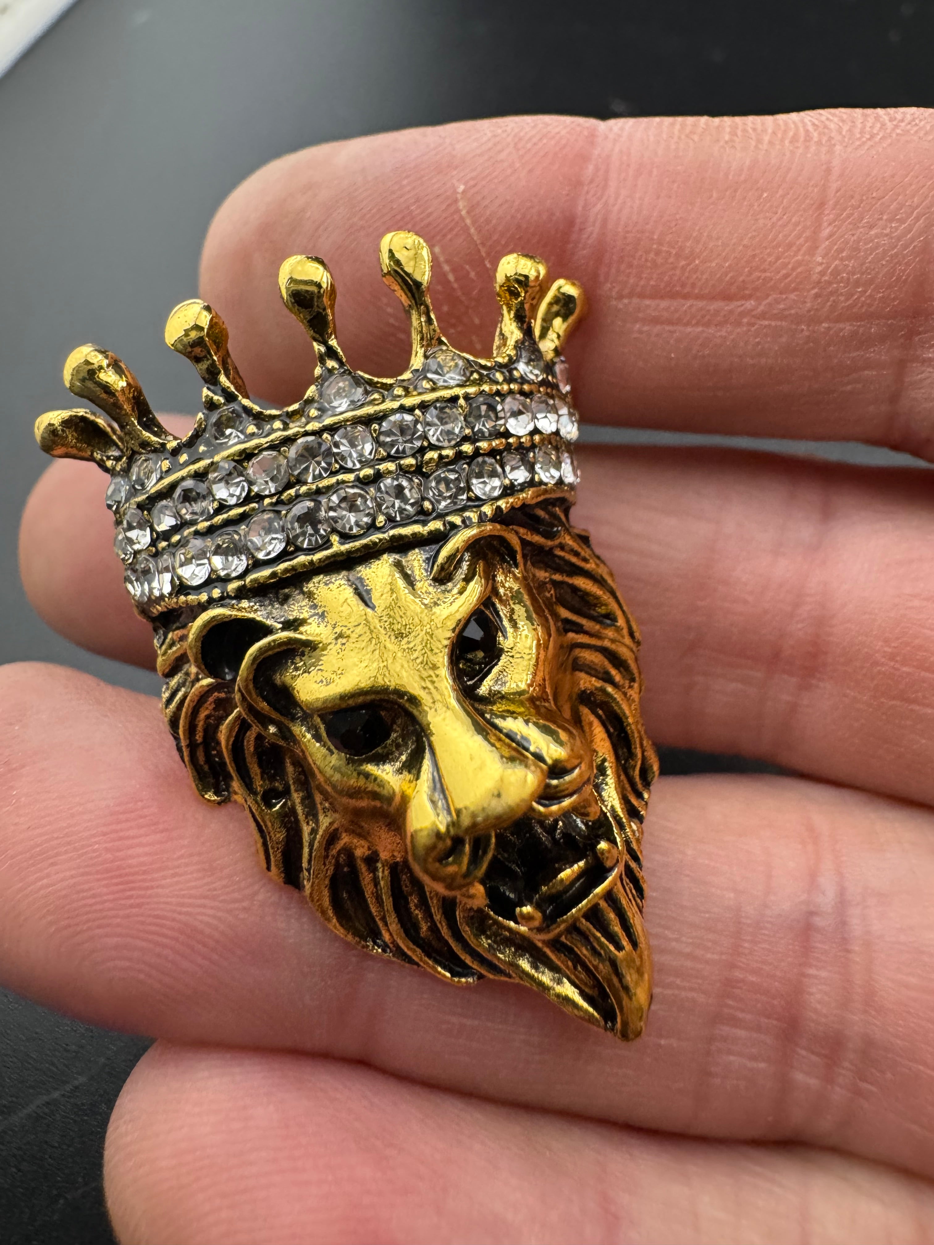 Crystal royal crown gold lion brooch, antique gold tone