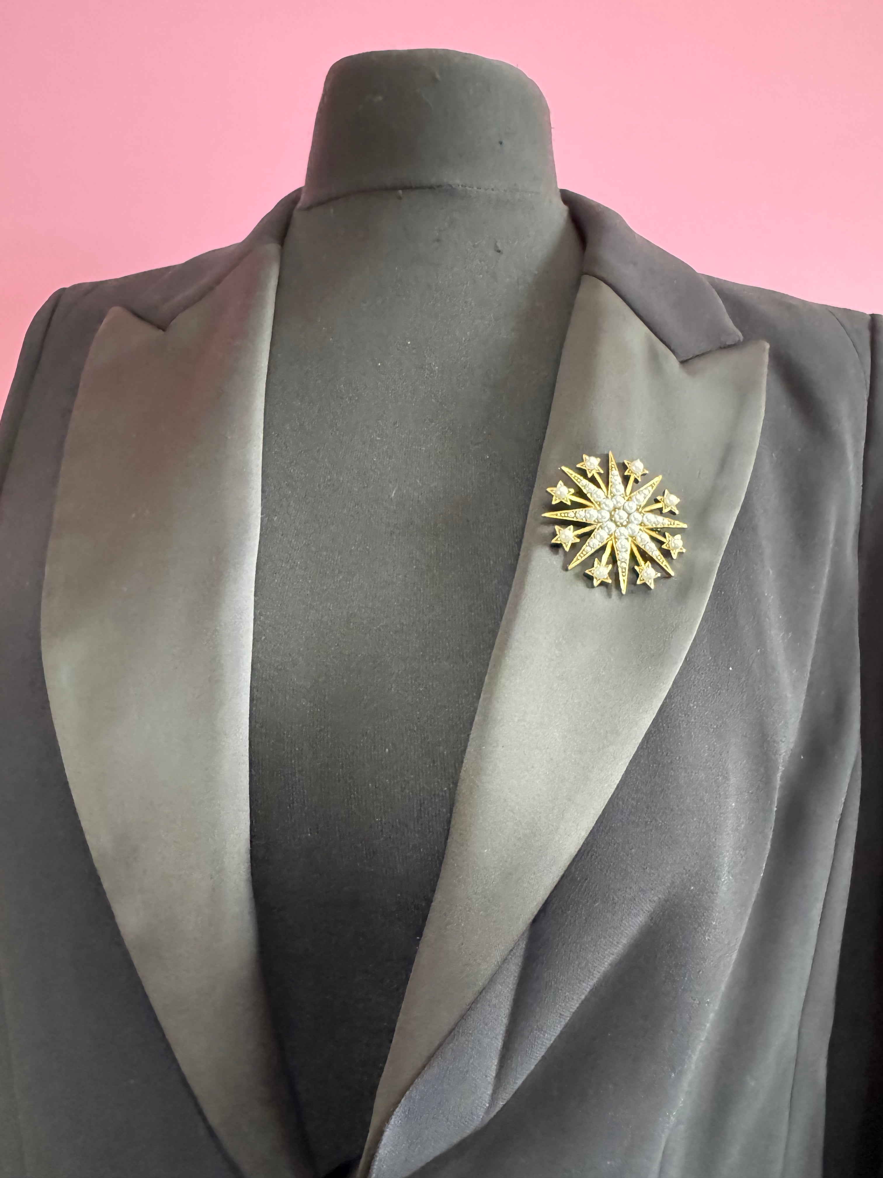 Large star brooch antique gold tone with seed pearls