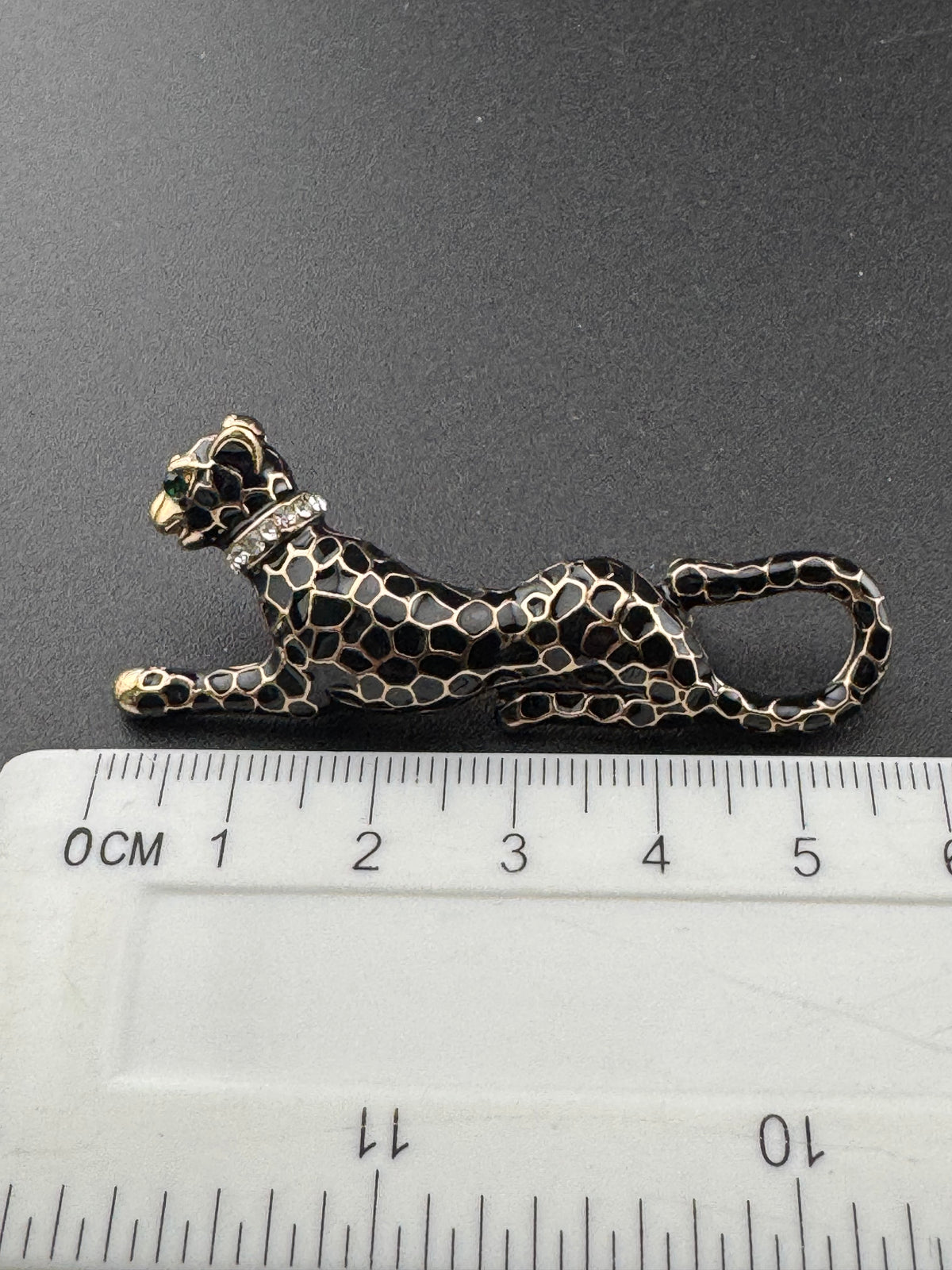 Leopard Panther Brooch, Black Enamel Crystal, Gold Tone, Big 6Cm