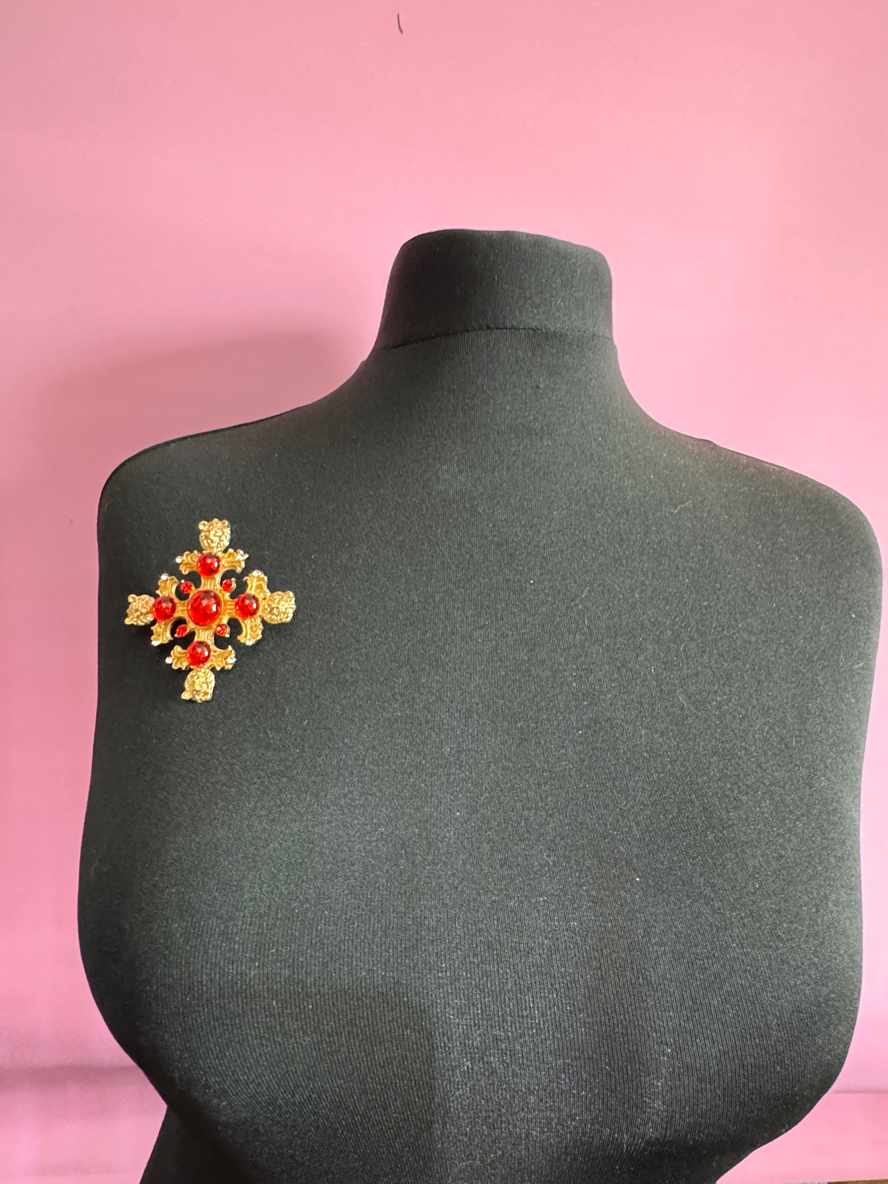 Medieval style Large faux red ruby cabochon matt gold lions head oversized cross brooch
