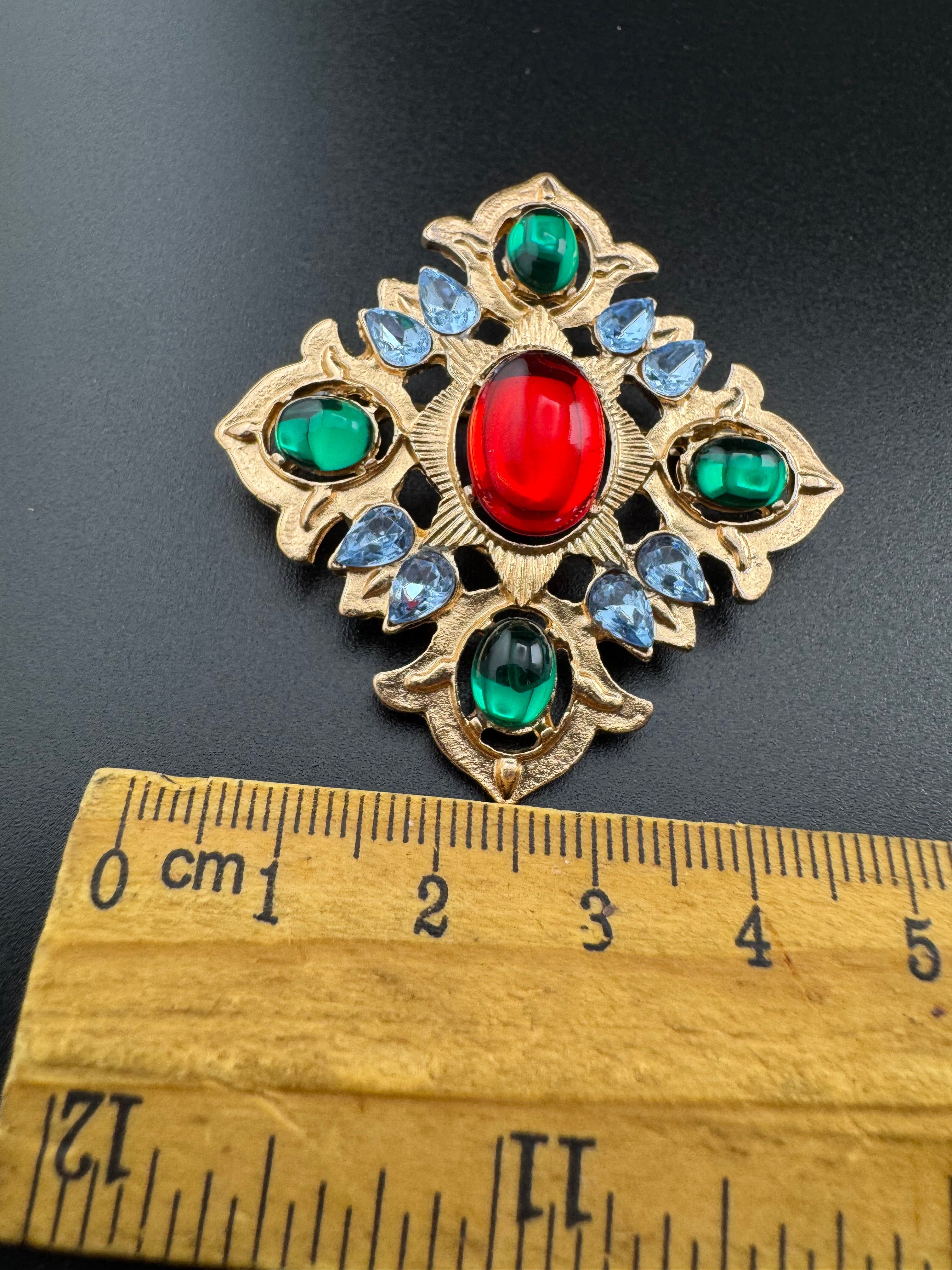 Statement Medieval style gold ruby rhinestone cross brooch