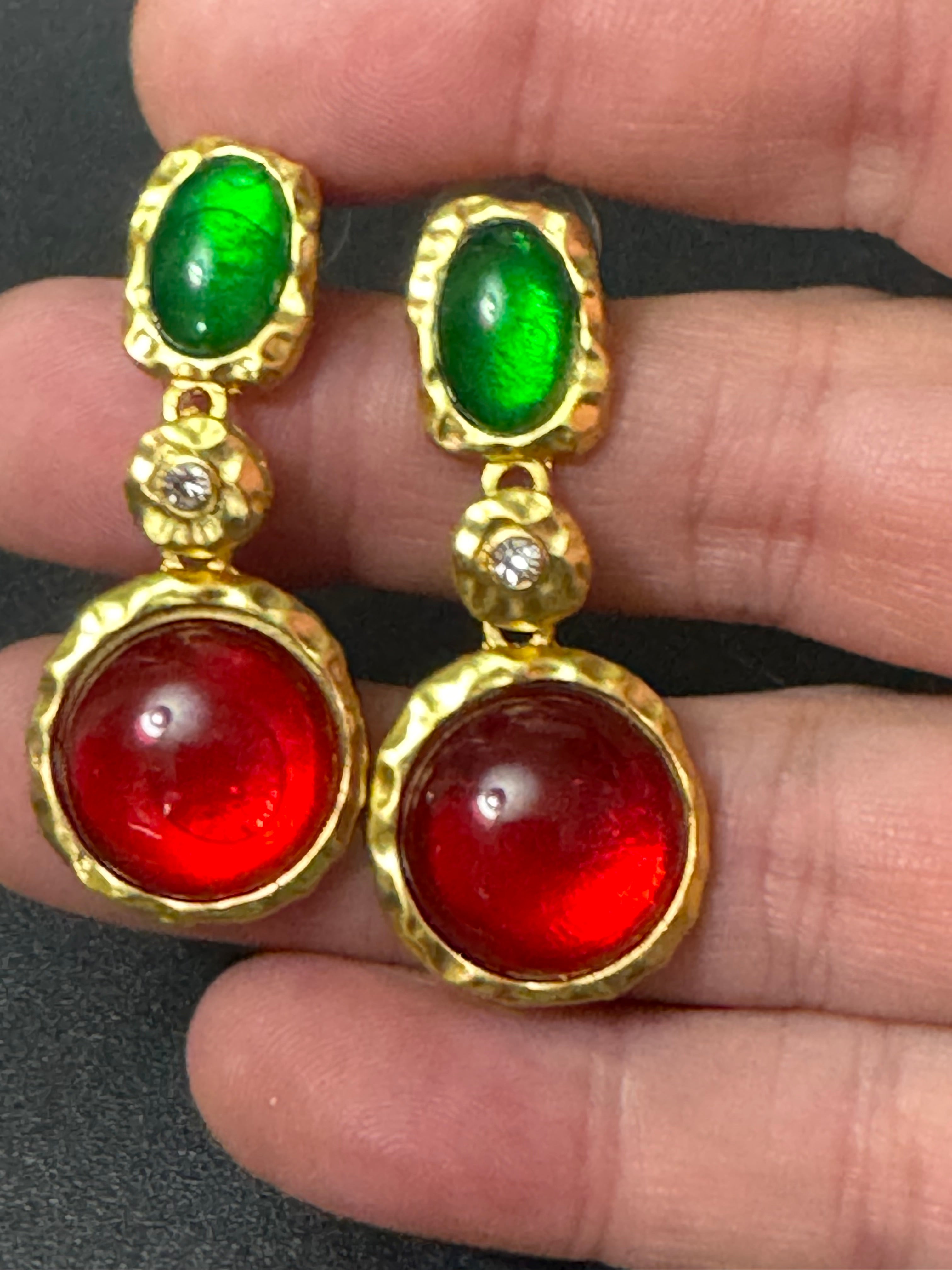 Matt gold tone Gripoix style crystal red and green cabochon earrings pierced