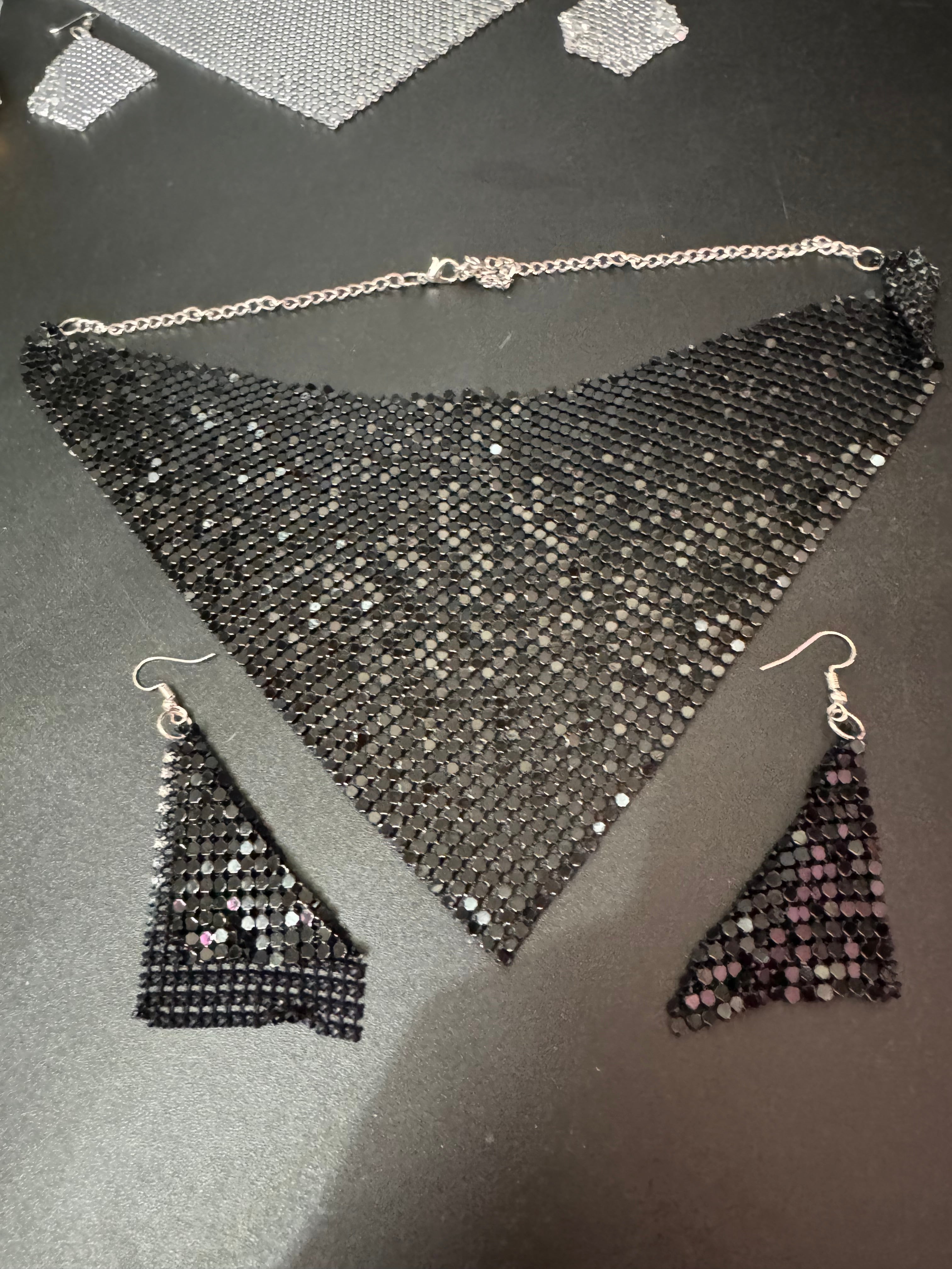 Gold silver or black mesh bib choker necklace and matching earrings Disco jewellery
