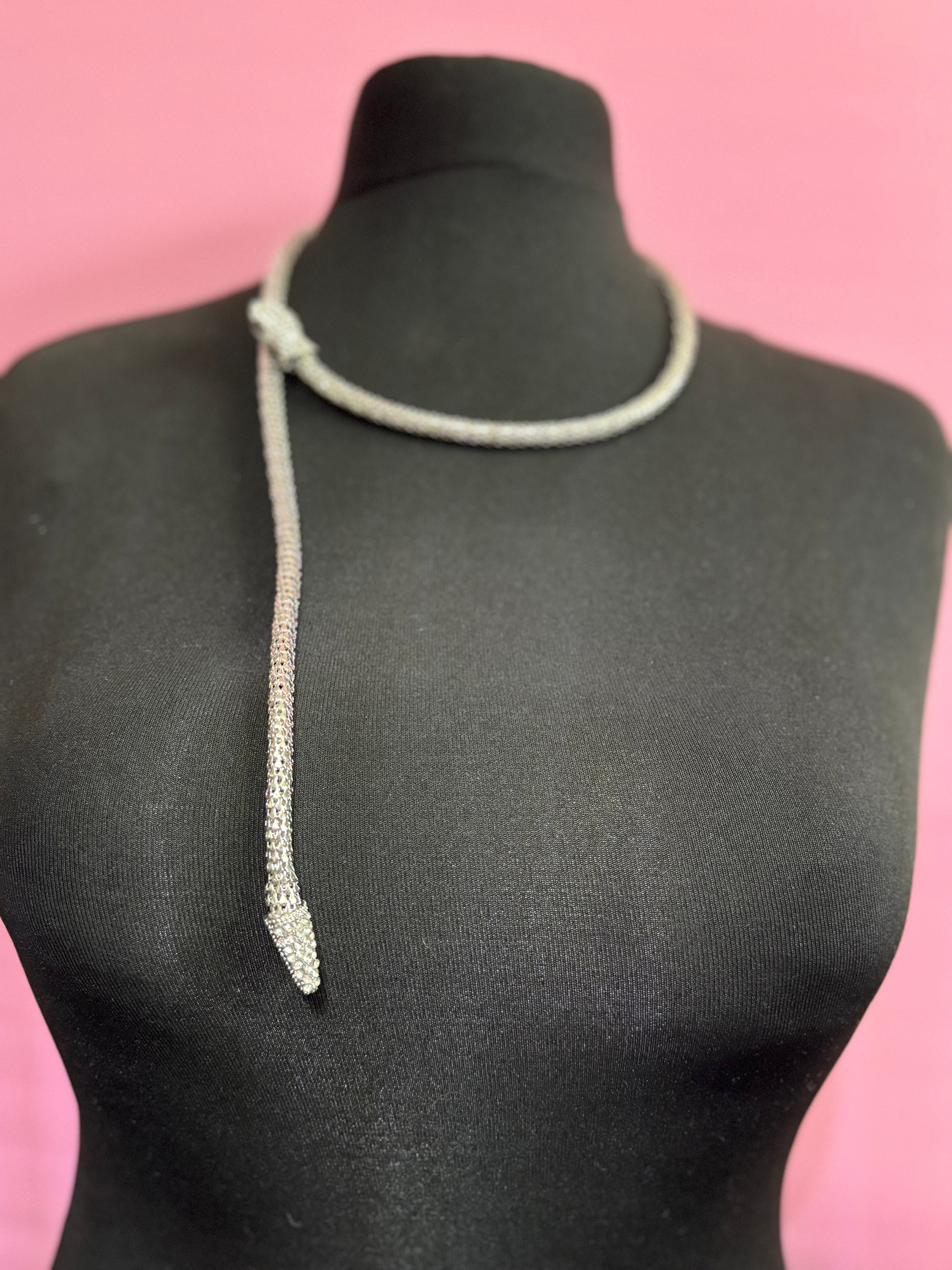 Silver tone mesh bendy wrap round magnetic snake choker collar necklace