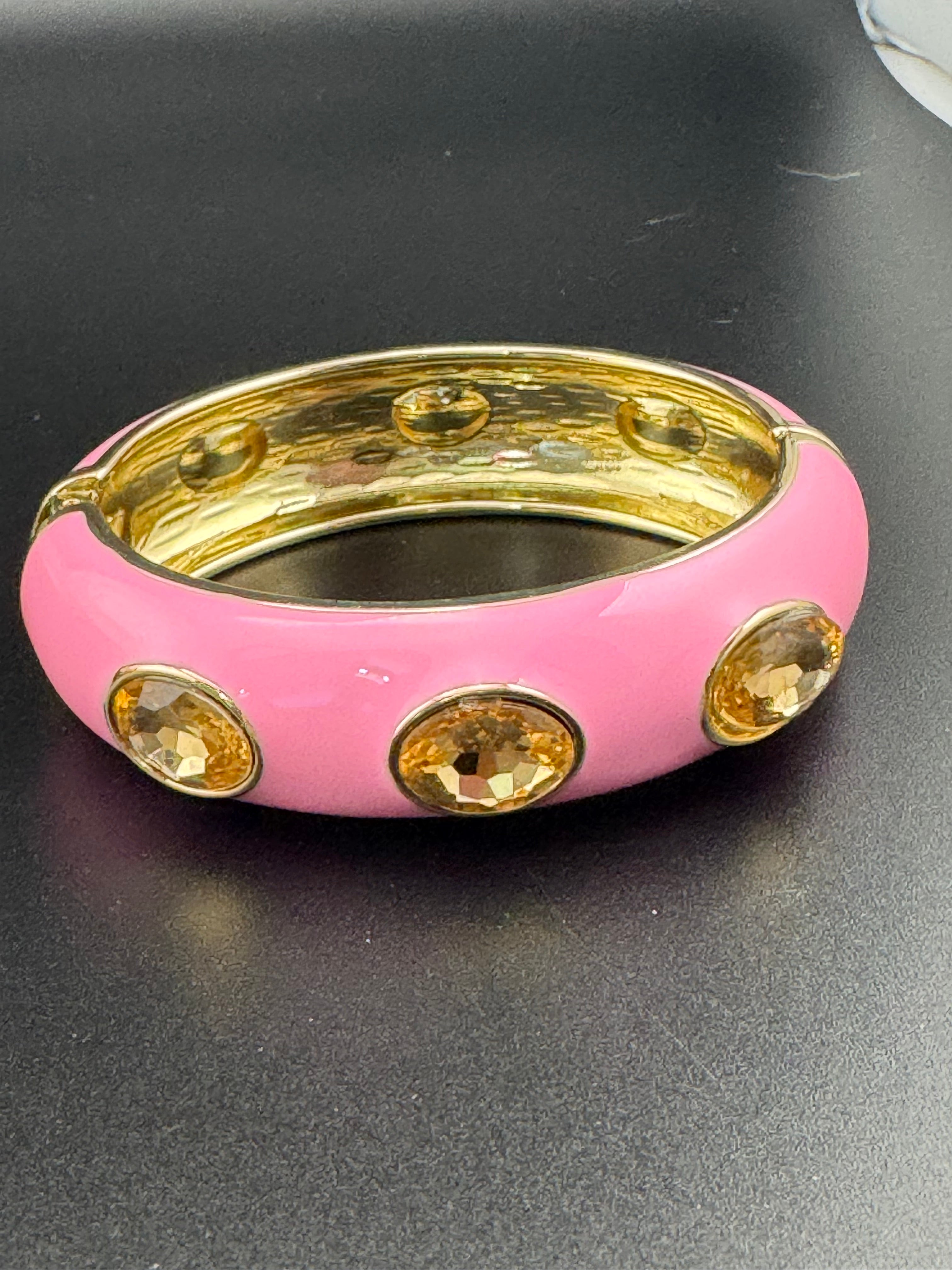 Pink enamel topaz Crystal clamper Bangle
