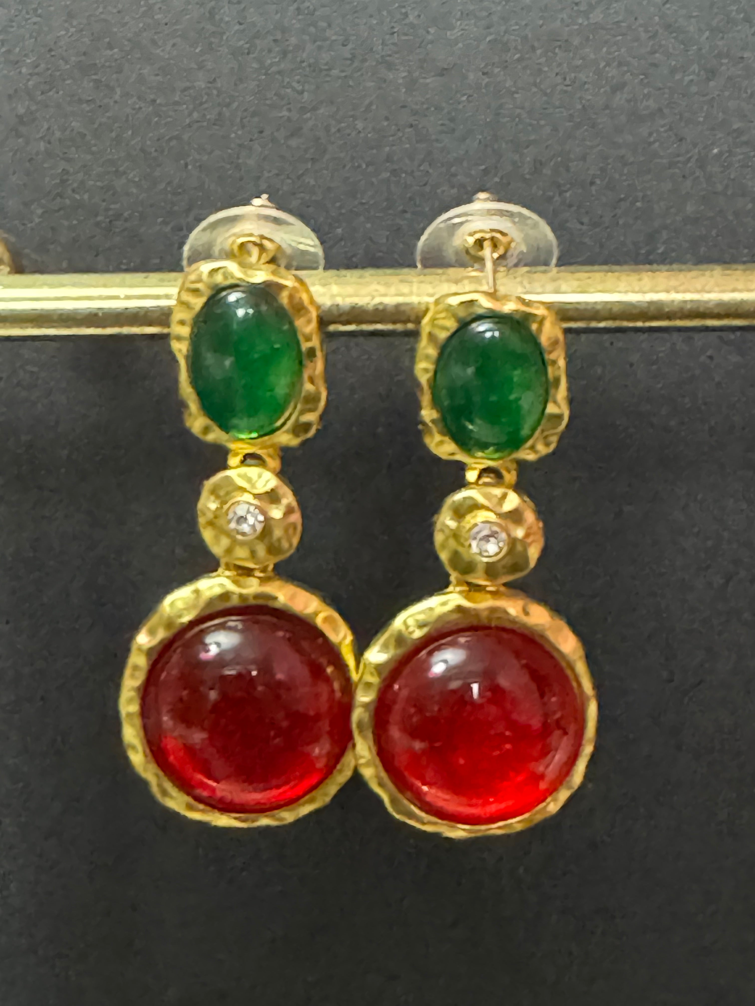 Matt gold tone Gripoix style crystal red and green cabochon earrings pierced