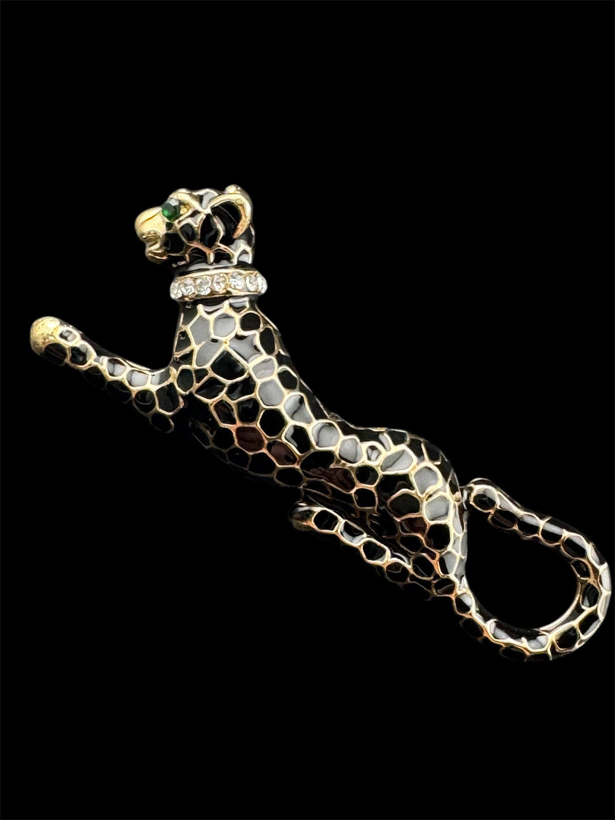 Leopard Panther Brooch, Black Enamel Crystal, Gold Tone, Big 6Cm