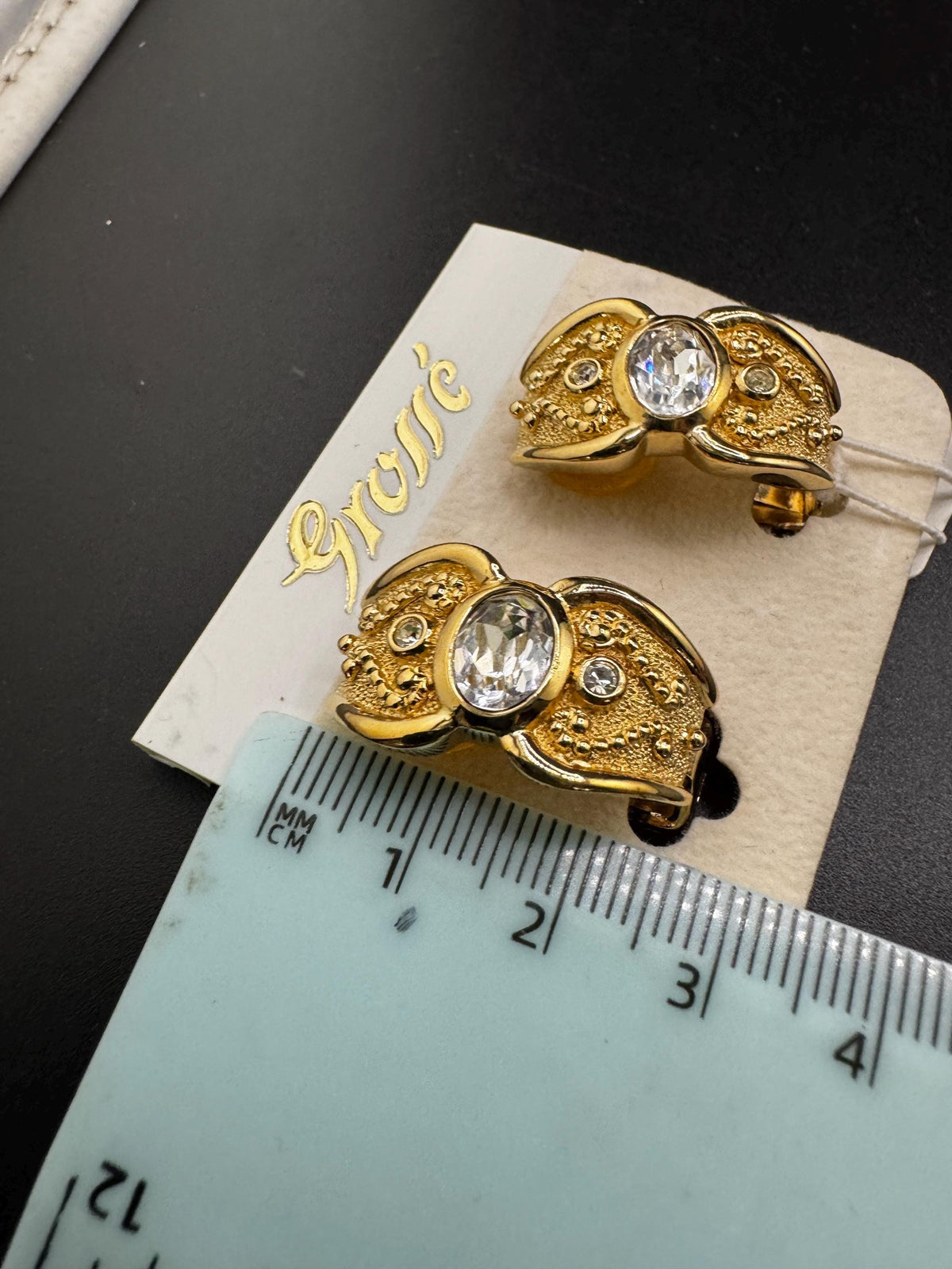 Vintage Grosse Clip Earrings, Gold Plated Rhinestone Half Hoop, 3 Cm