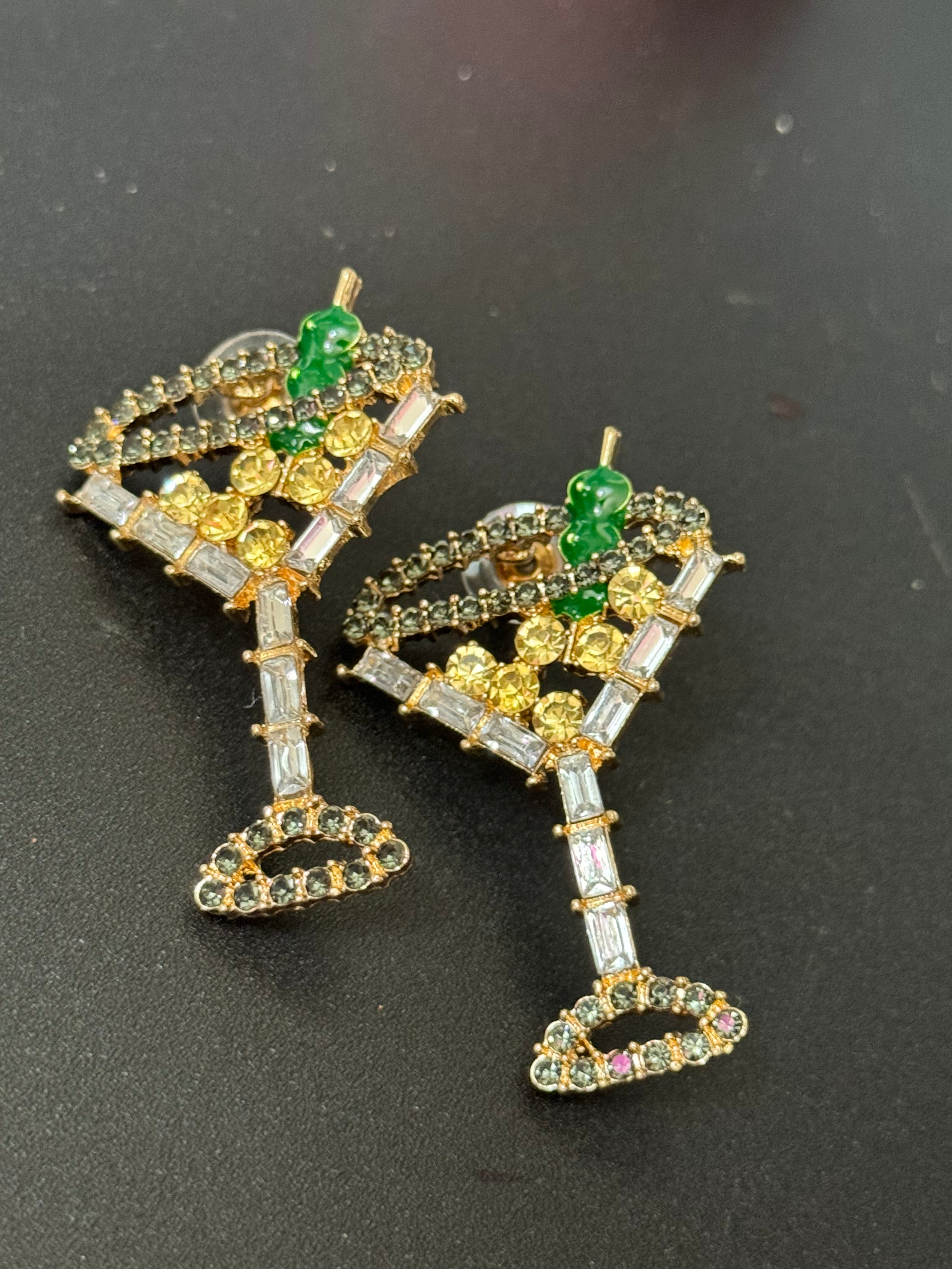 Novelty oversized diamanté crystal gin champagne cocktail earrings