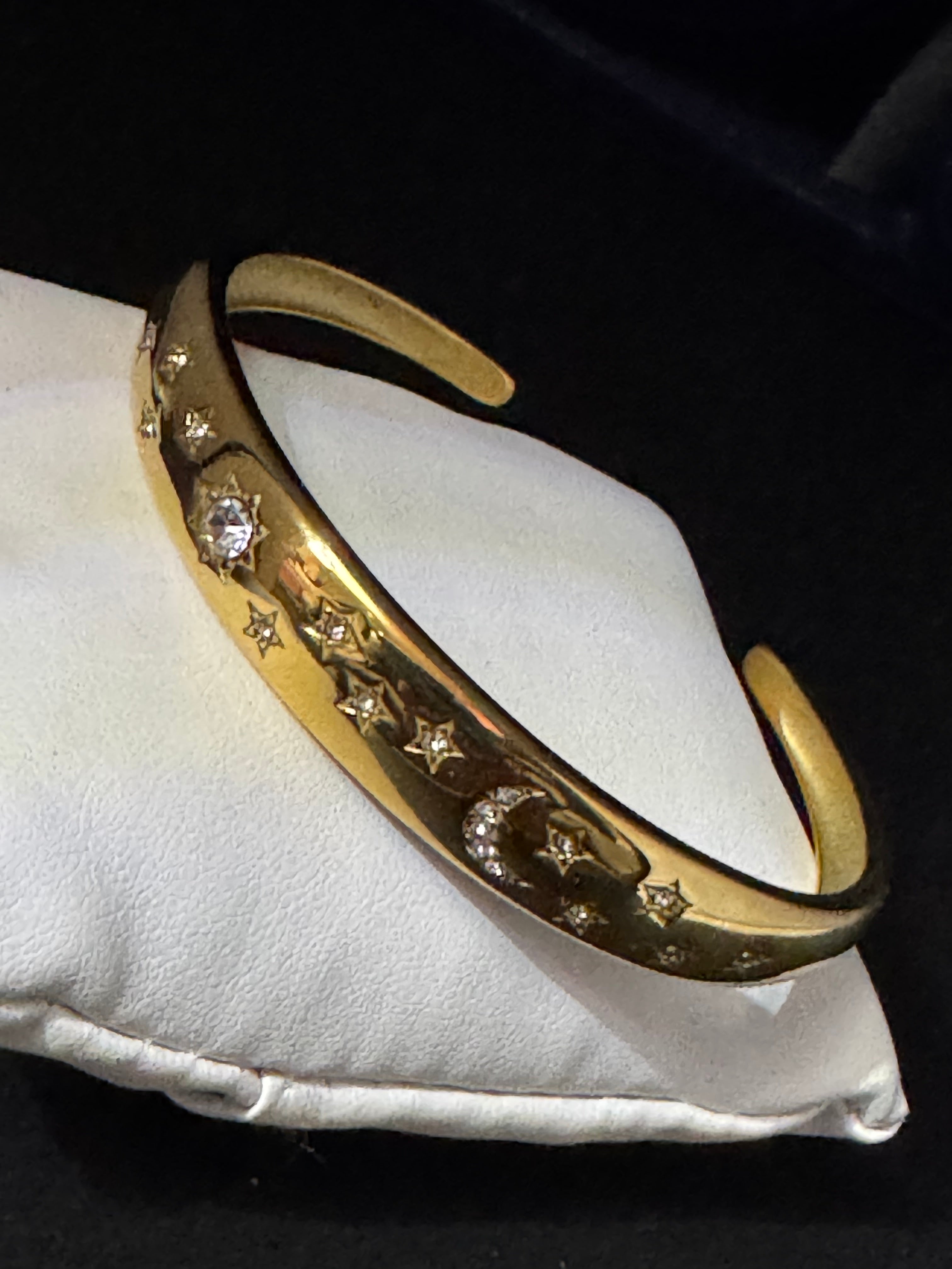 Sun Moon & Stars gold plated open bangle