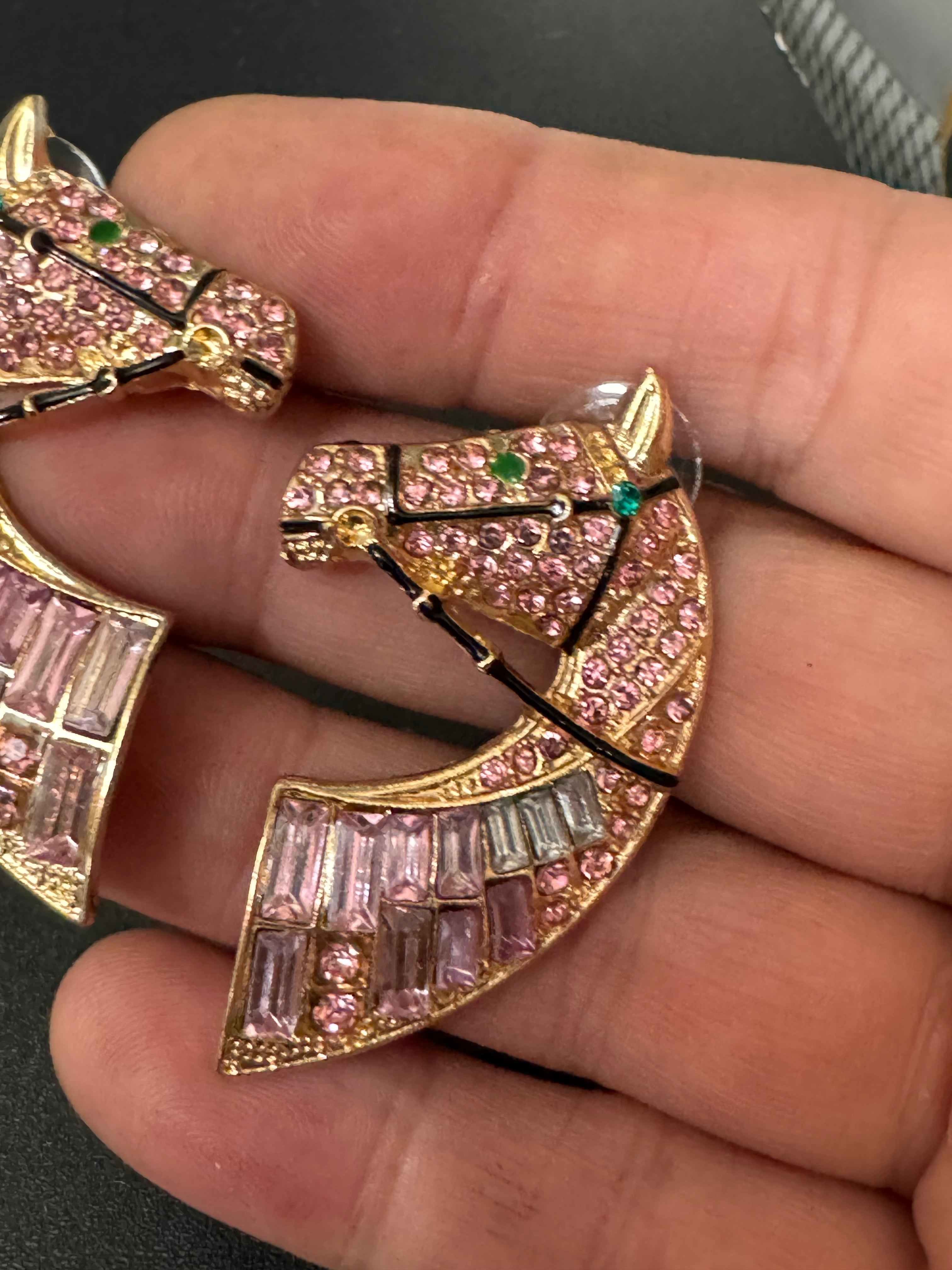 Oversized novelty horse head earrings pink crystal baguette diamanté pierced studs